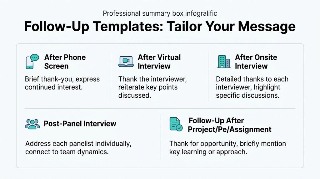 A professional infographic titled Follow-Up Templates listing interview follow-up strategies for different job application stages.