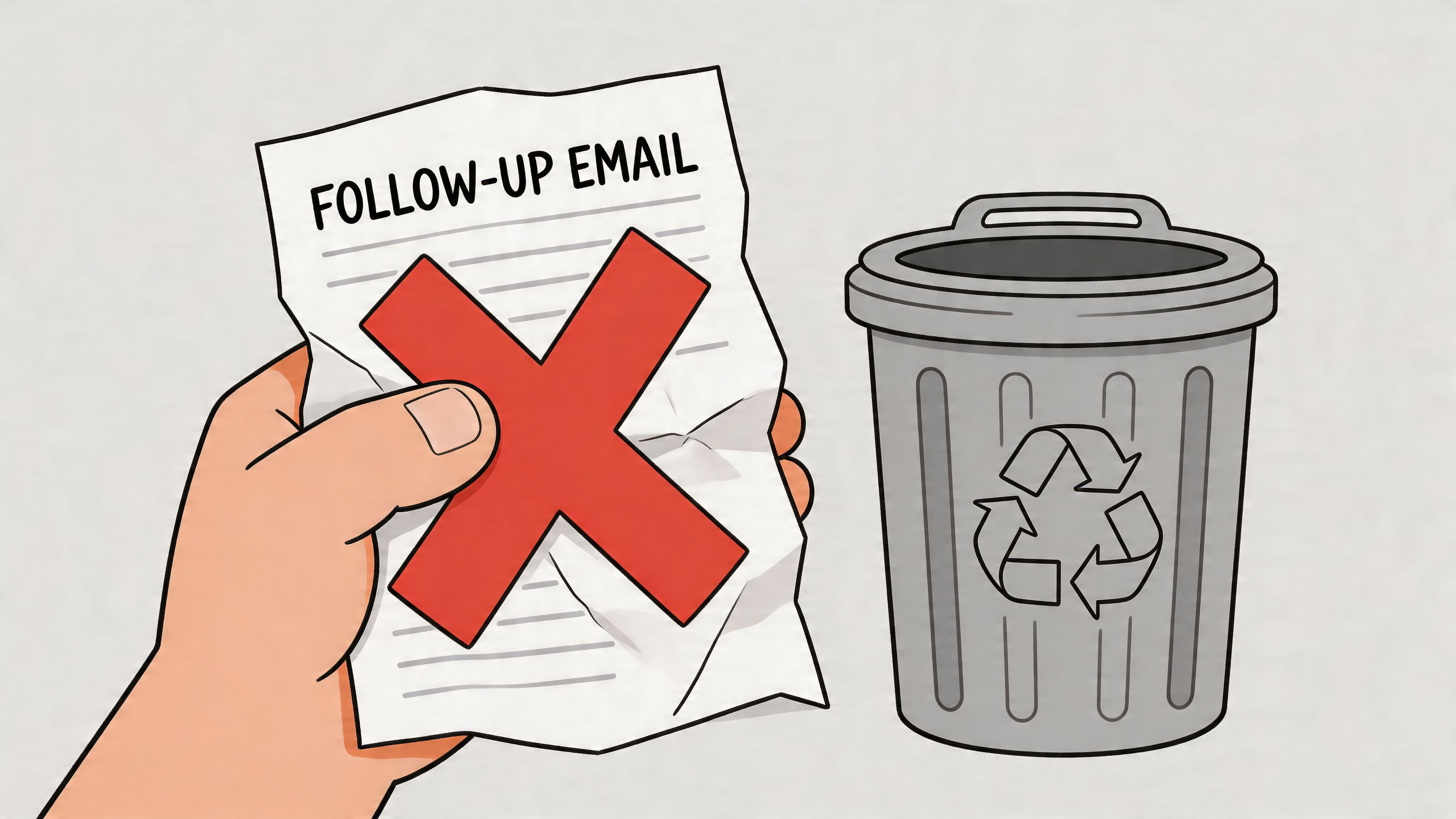 A hand holding a crumpled paper with a large red X sign and the text Follow-Up Email.