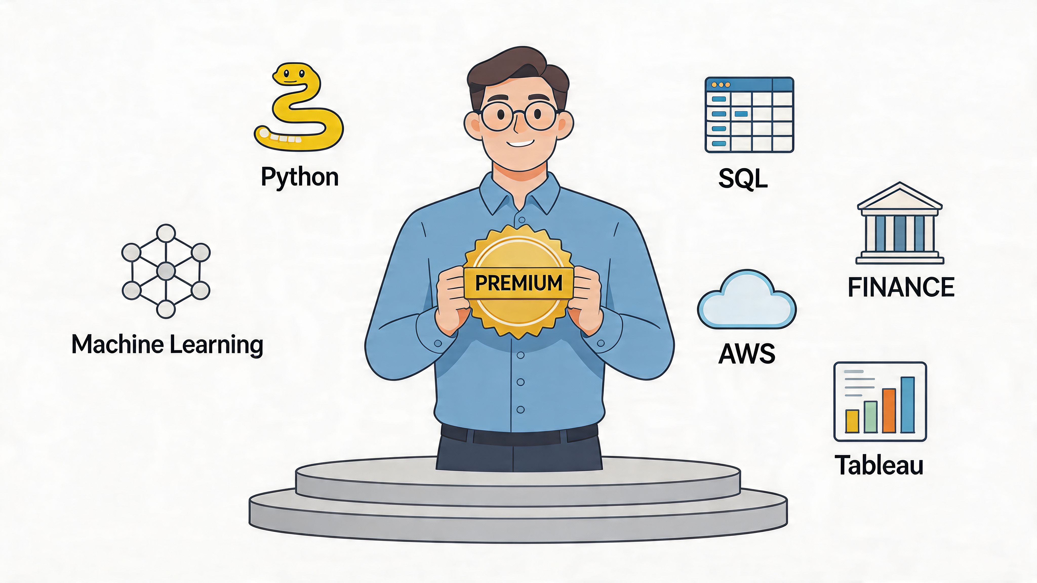 A professional data analyst holding a premium badge surrounded by icons for Python, SQL, AWS, Finance, and Tableau.