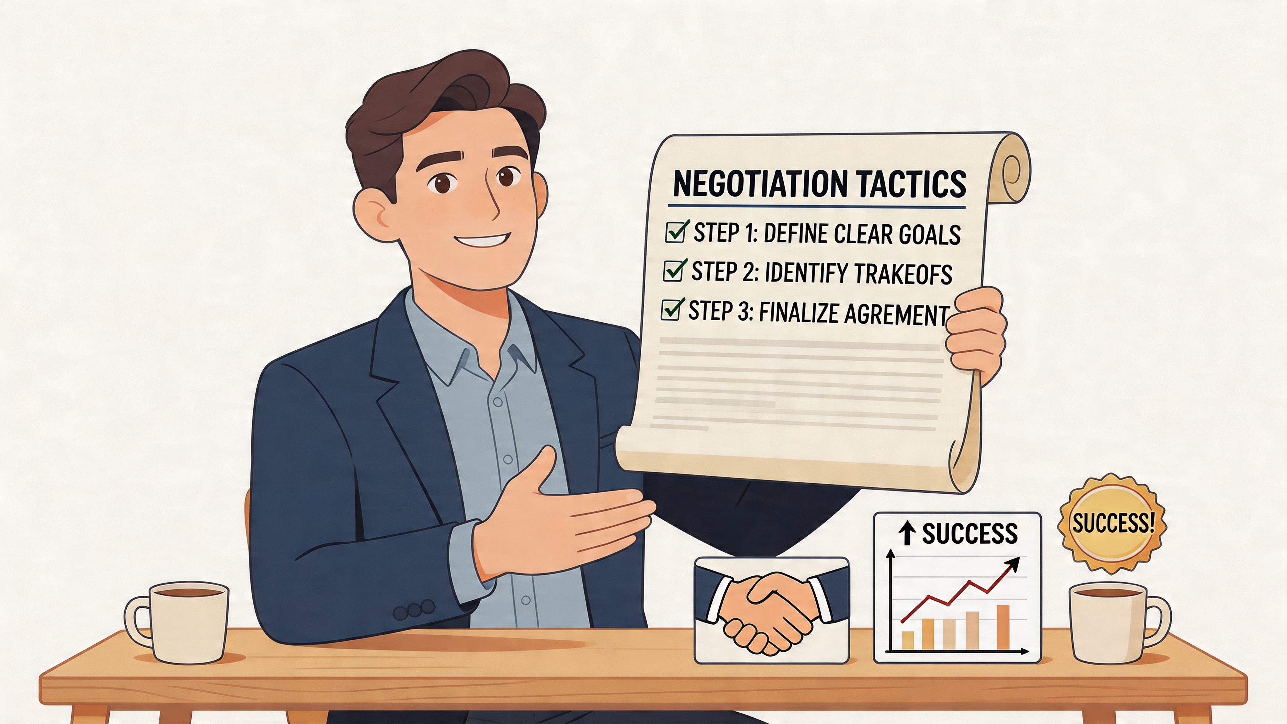 A professional man holding a scroll listing negotiation tactics to help with data analyst salary discussions.