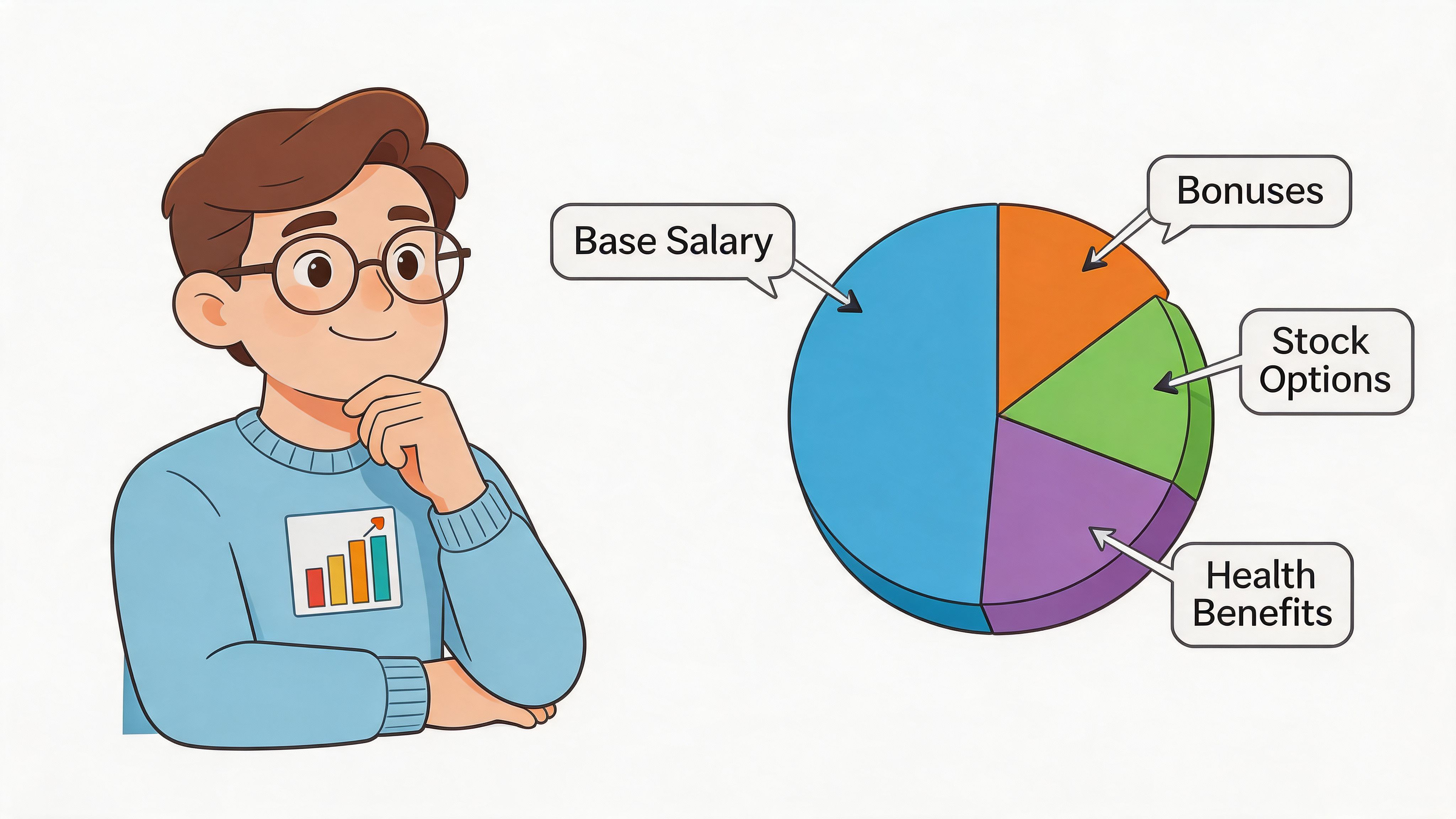 A young data scientist looking at a pie chart illustrating salary compensation breakdown including benefits.