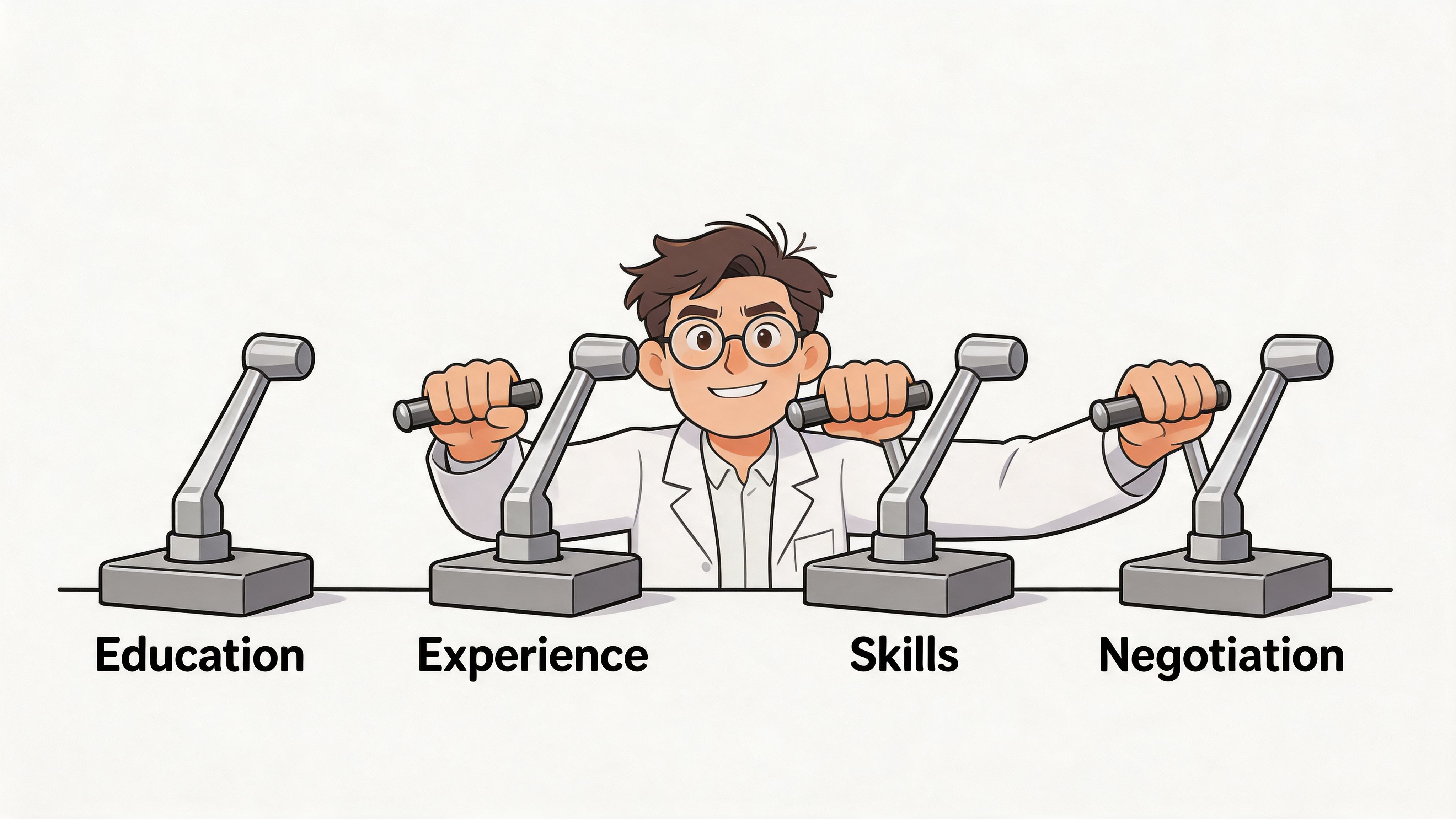 A professional cartoon data scientist adjusting levers representing key factors for salary negotiation and professional career growth.