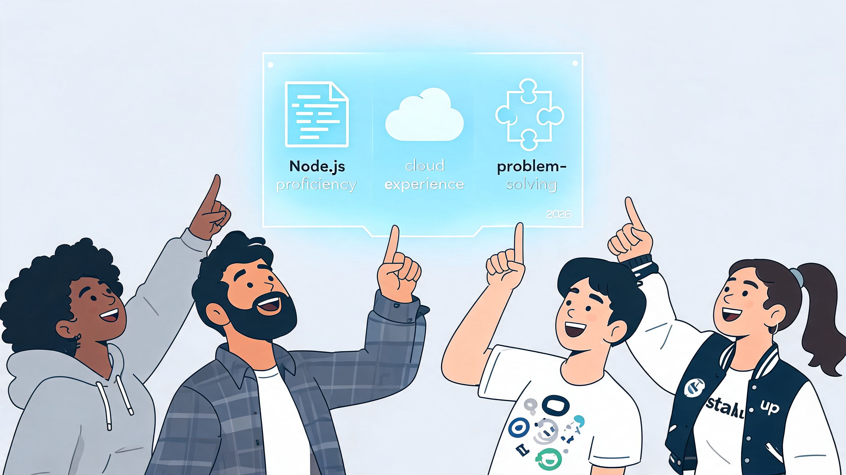 A diverse group of four people pointing upwards at a glowing display highlighting essential developer skills.
