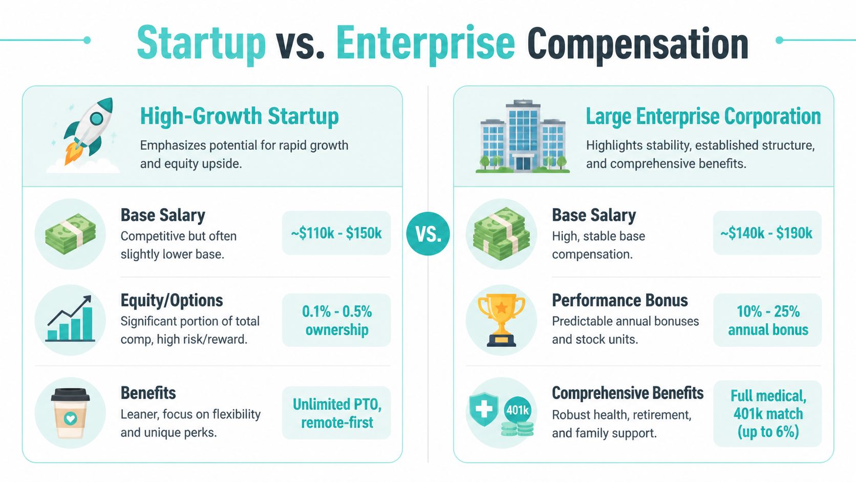 A comparison chart showing compensation differences between high-growth startup and large enterprise corporate employment packages.