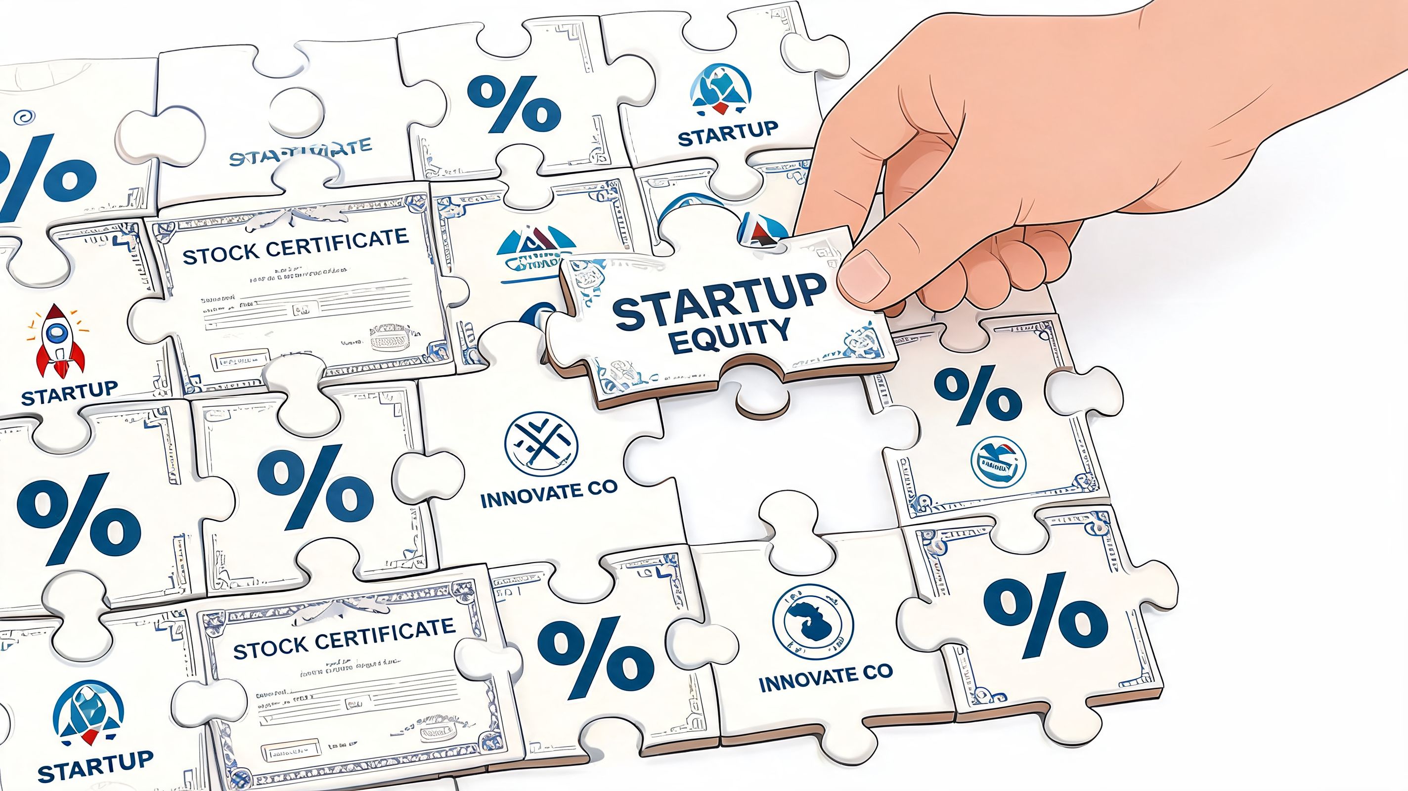 A hand placing a puzzle piece labeled Startup Equity into a business-themed jigsaw puzzle layout.