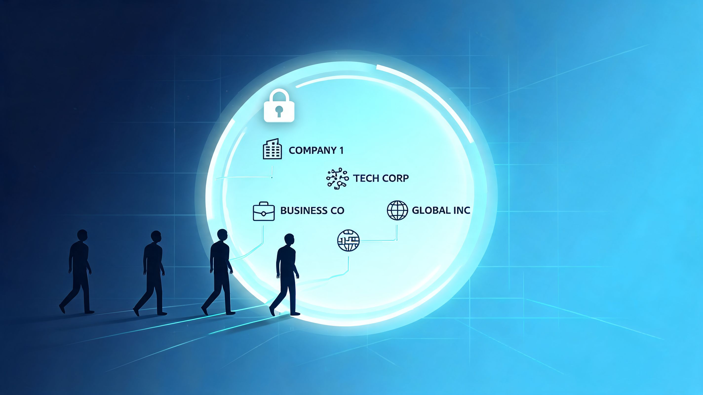 A conceptual illustration of silhouettes of people walking into a glowing digital portal representing corporate job opportunities.