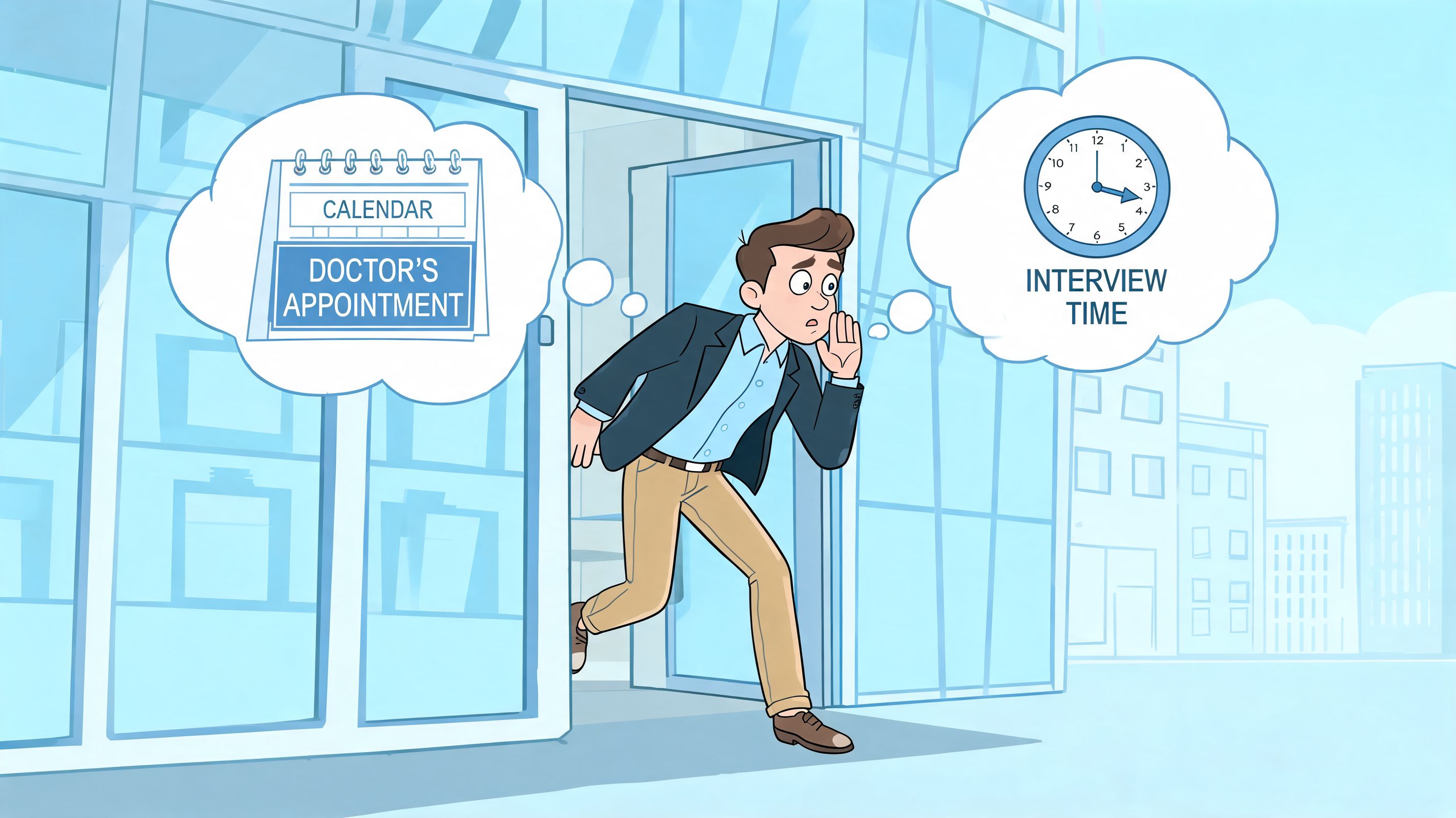 A worried employee secretly leaving his office while thinking about a doctor's appointment and an interview time.