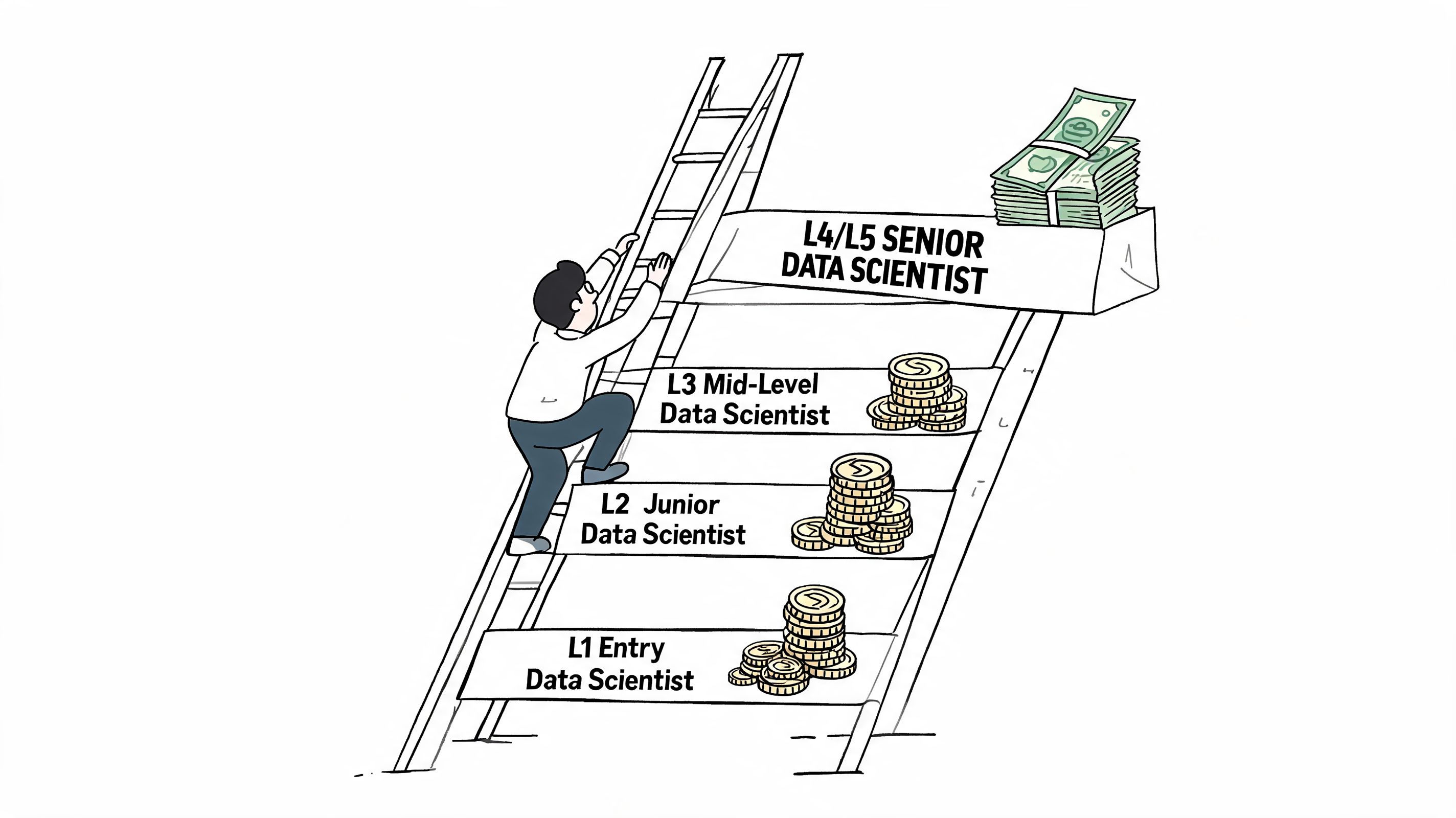 A person climbing a ladder representing the career path and salary progression for data scientist roles.