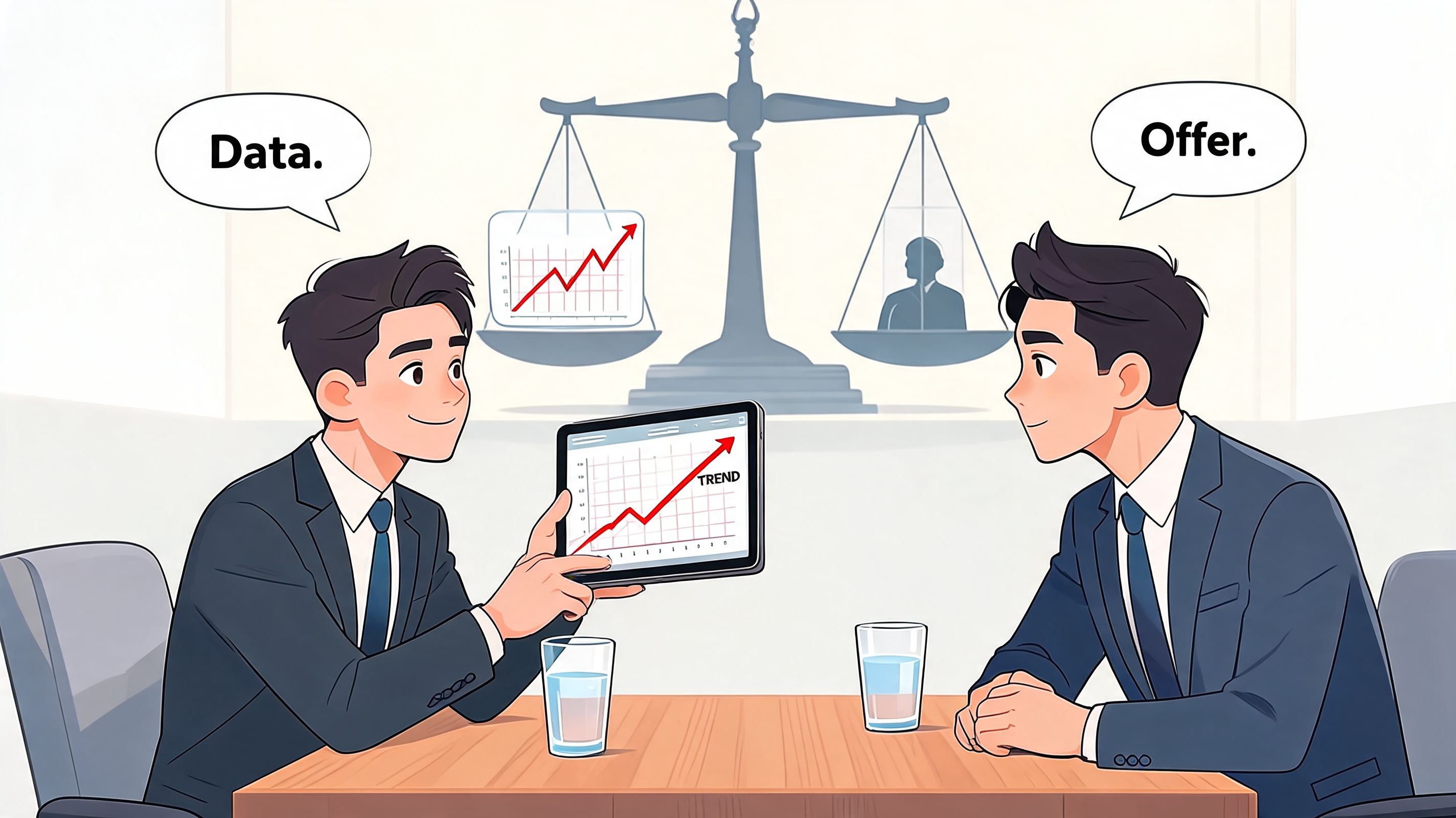Two business professionals discussing data trends and job offers at a table with a scale background.