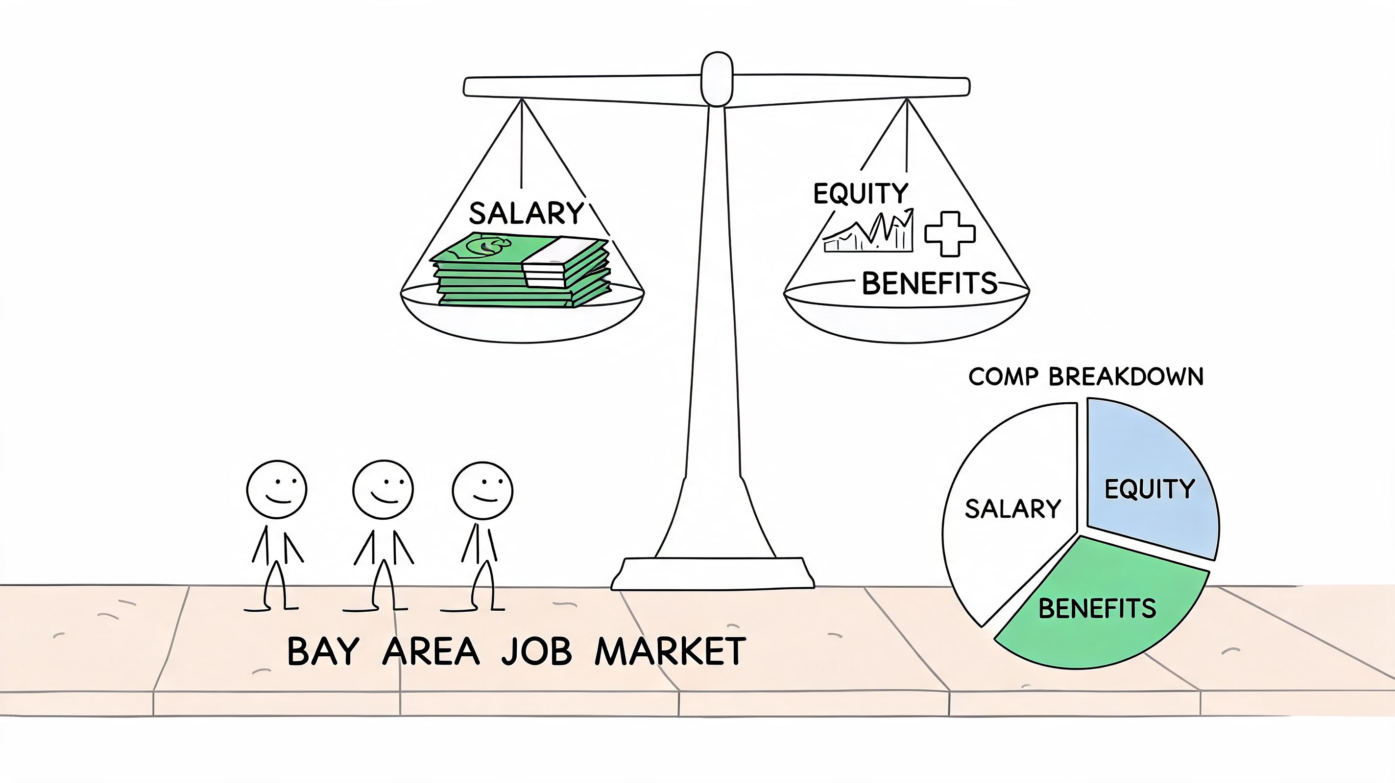 A conceptual illustration of the Bay Area job market showing compensation components: salary, equity, and benefits.