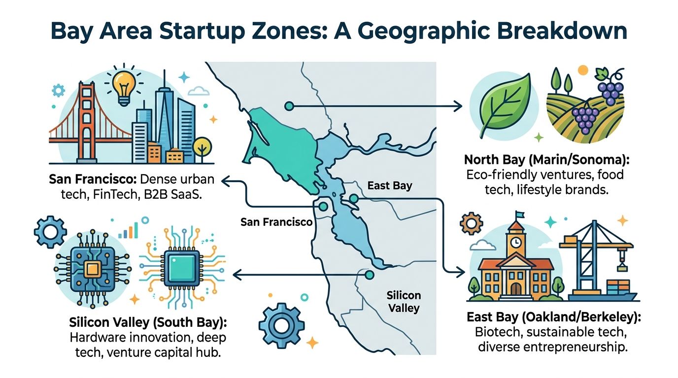 A map showing different startup zones in the Bay Area, including San Francisco, Silicon Valley, East Bay, and North Bay.