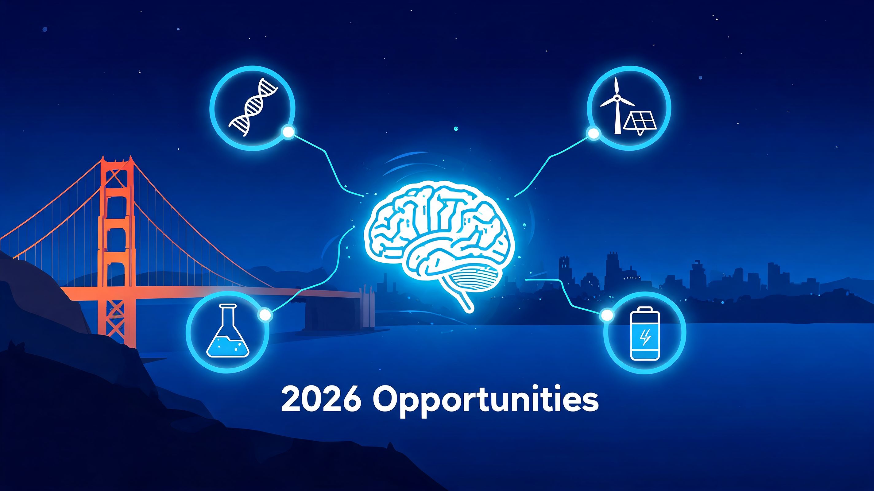 A neon brain icon surrounded by tech icons of DNA, energy, chemistry, and batteries over a San Francisco skyline.