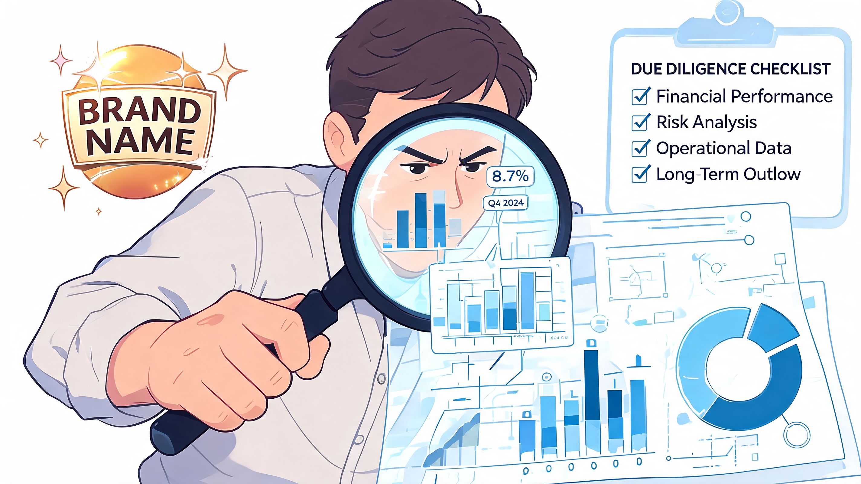 A professional analyzing financial data and business charts with a magnifying glass for due diligence.
