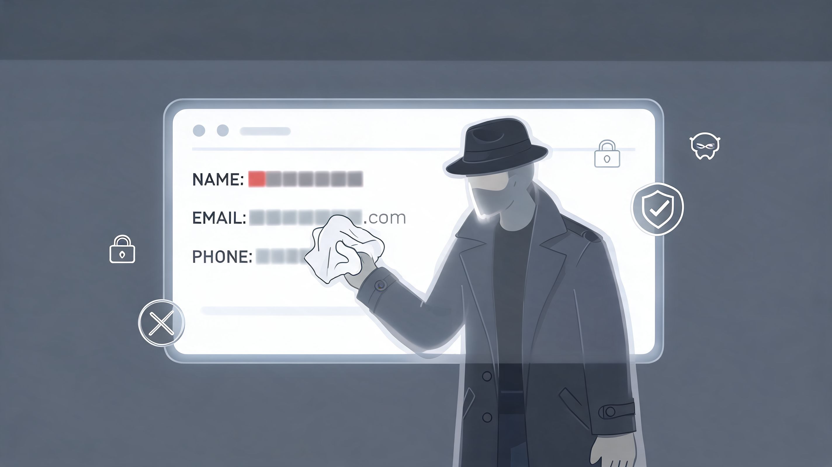 A digital illustration of a spy wiping away personal information from a web form data screen.