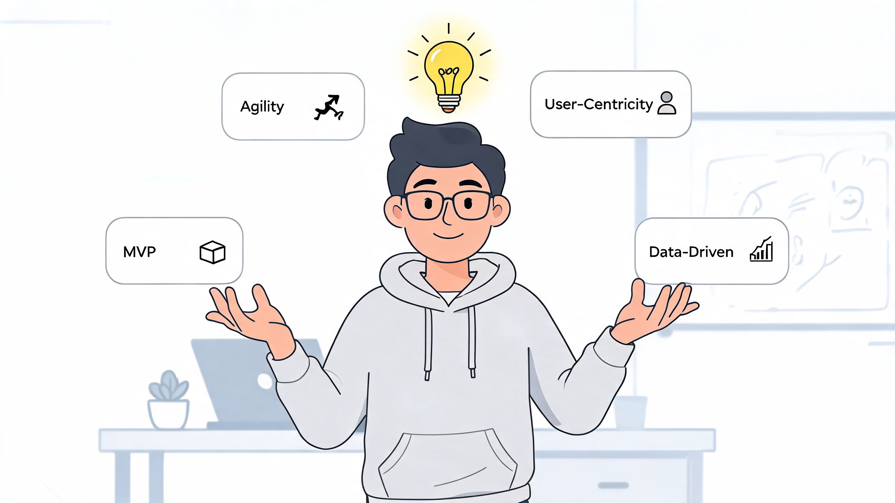 An illustration of a professional thinking about key product management concepts like agility, MVP, and user-centricity.