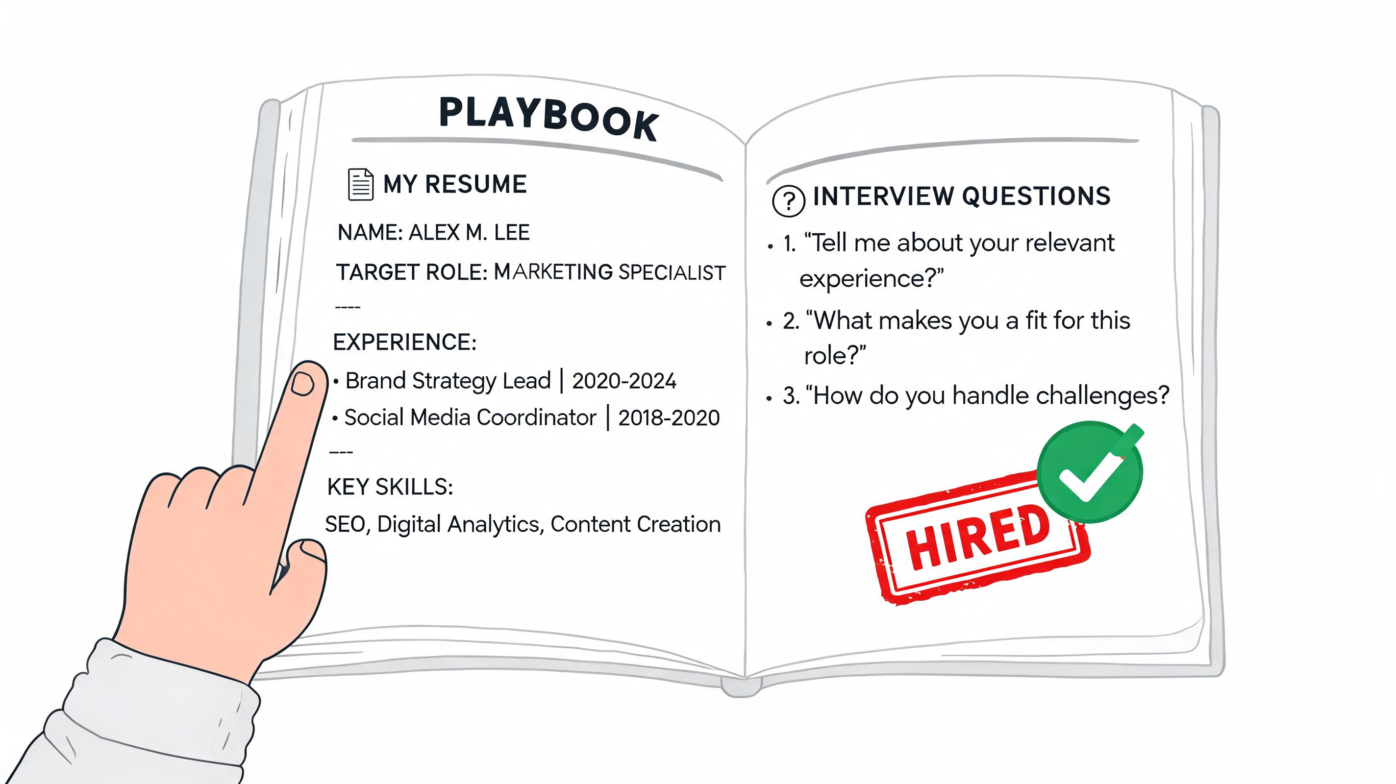 An open notebook showing a resume for a marketing specialist role and common interview questions.