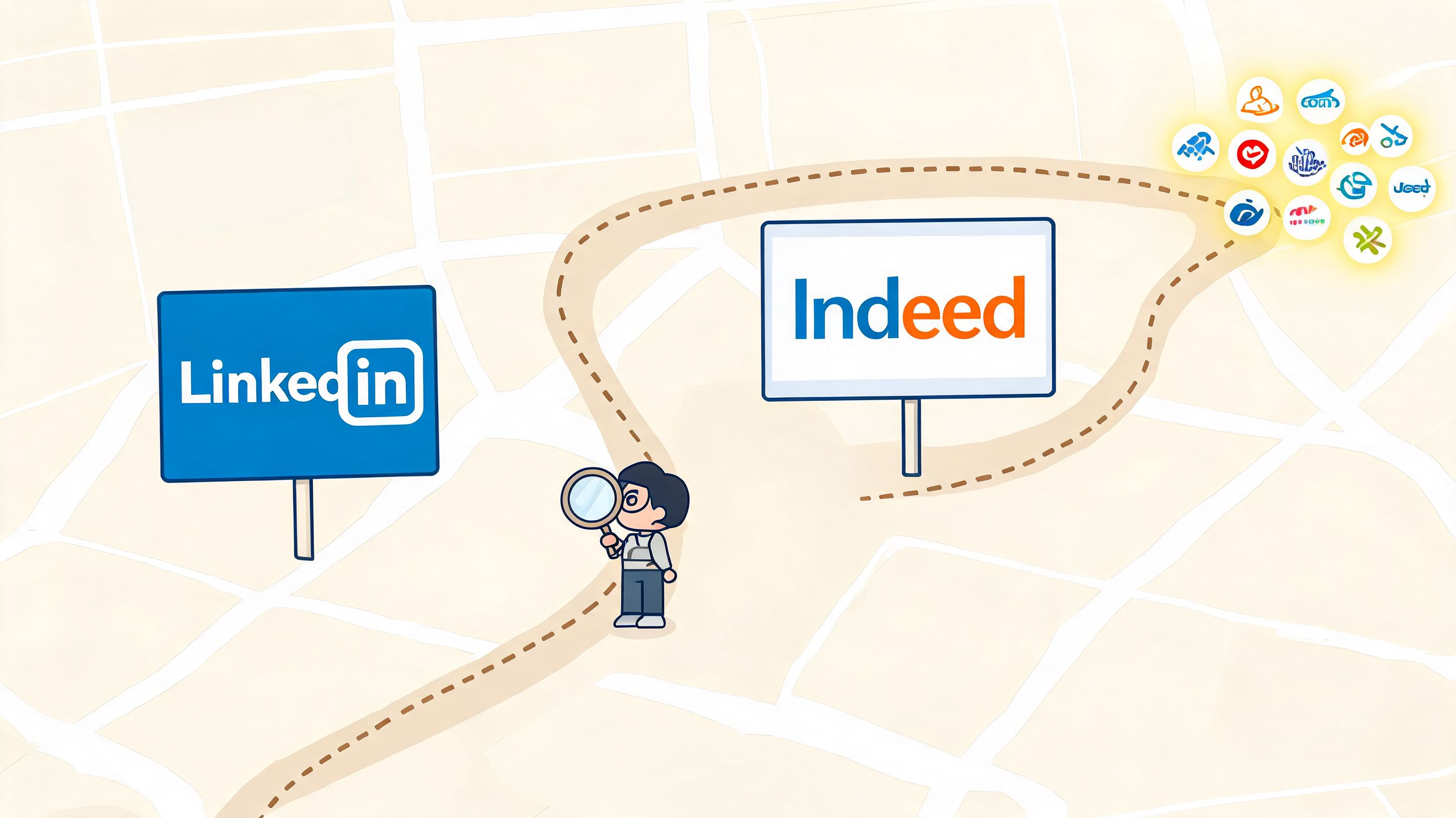 A job seeker searching for career opportunities between LinkedIn and Indeed job board logos on a map.