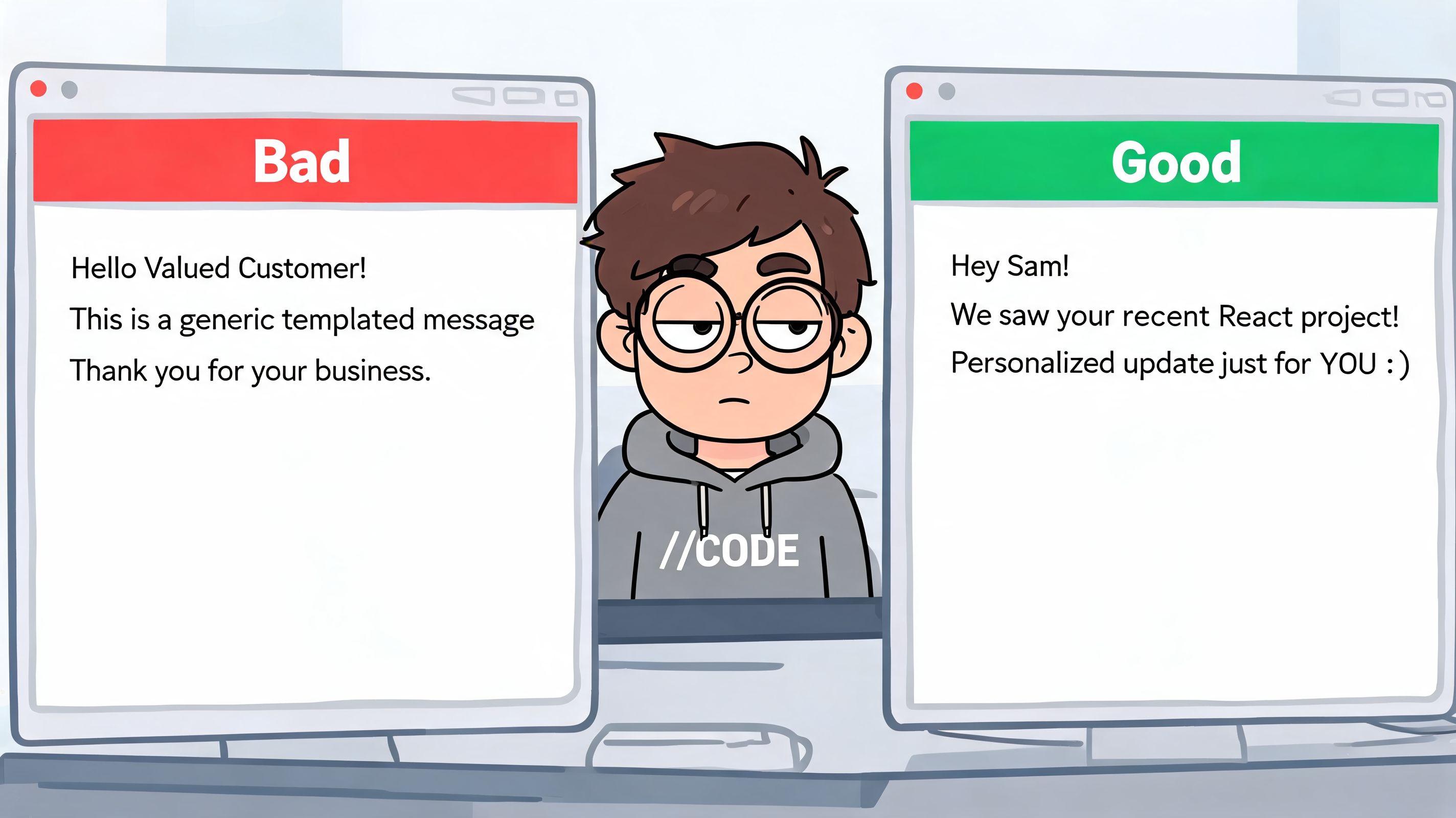 A bored programmer compares a generic templated email on the left with a personalized message on the right.