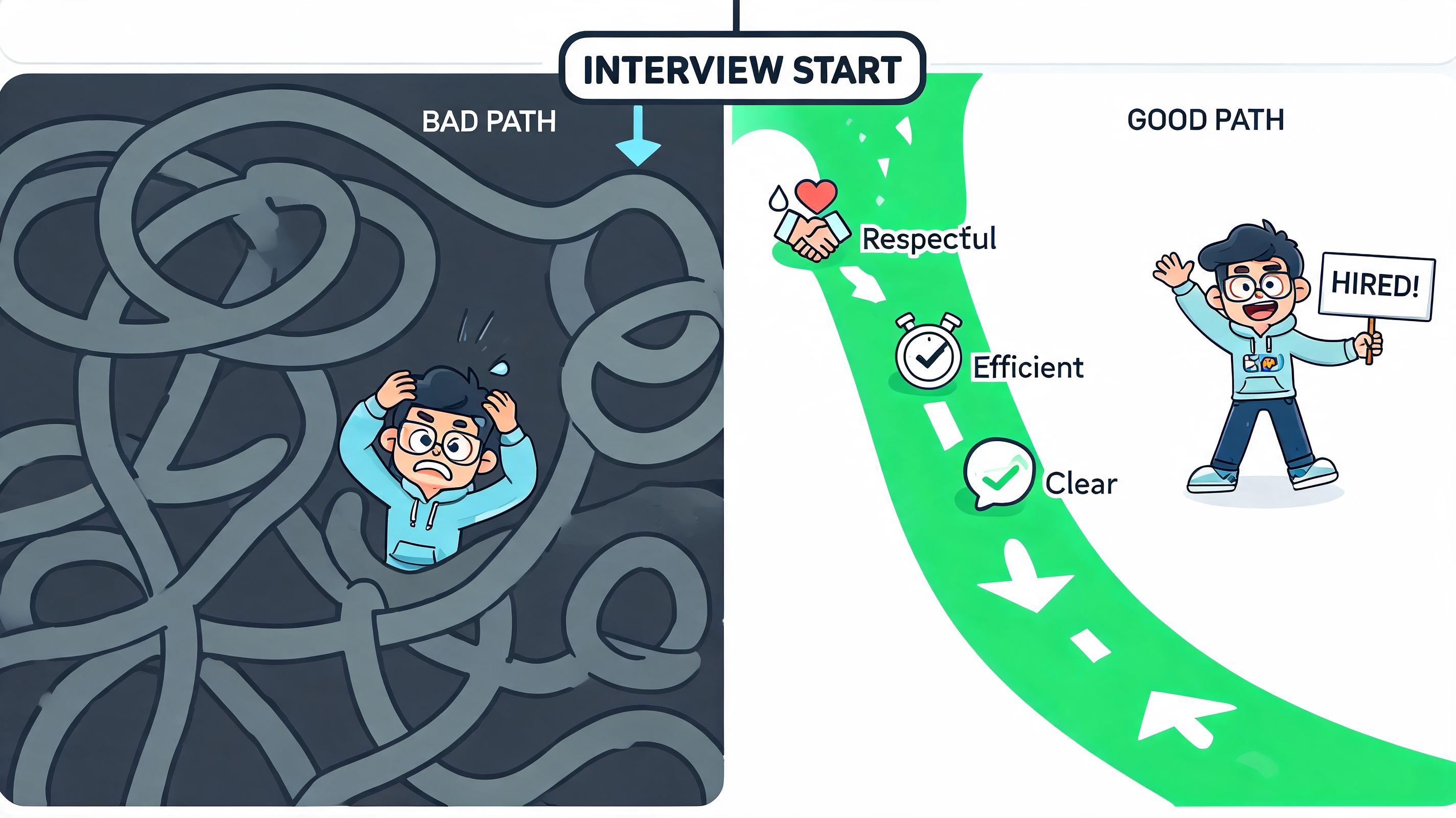 A diagram comparing a confusing, stressful bad job interview path with a smooth, successful good interview path.