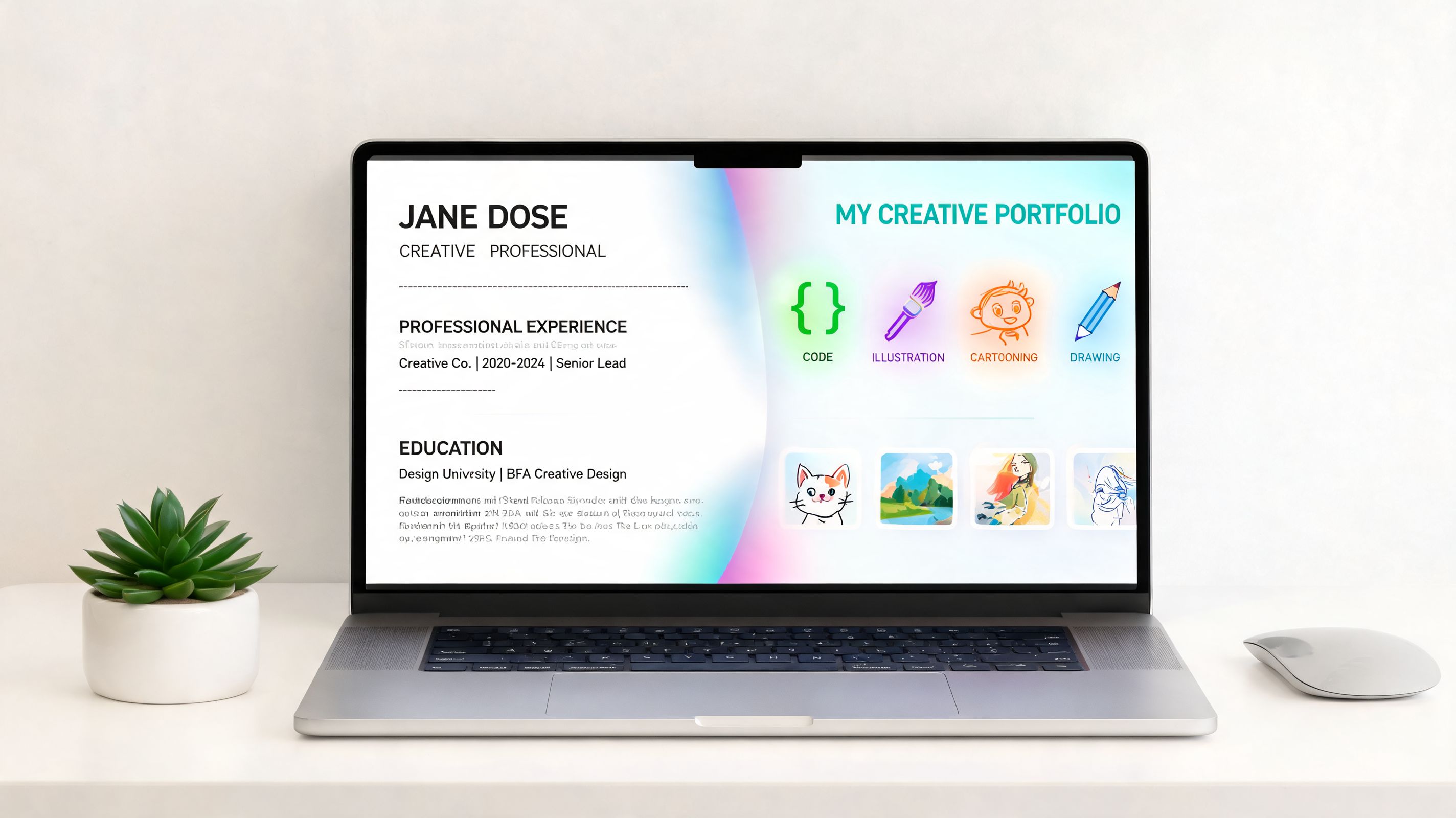 A laptop screen displaying a creative portfolio website for a professional named Jane Dose.