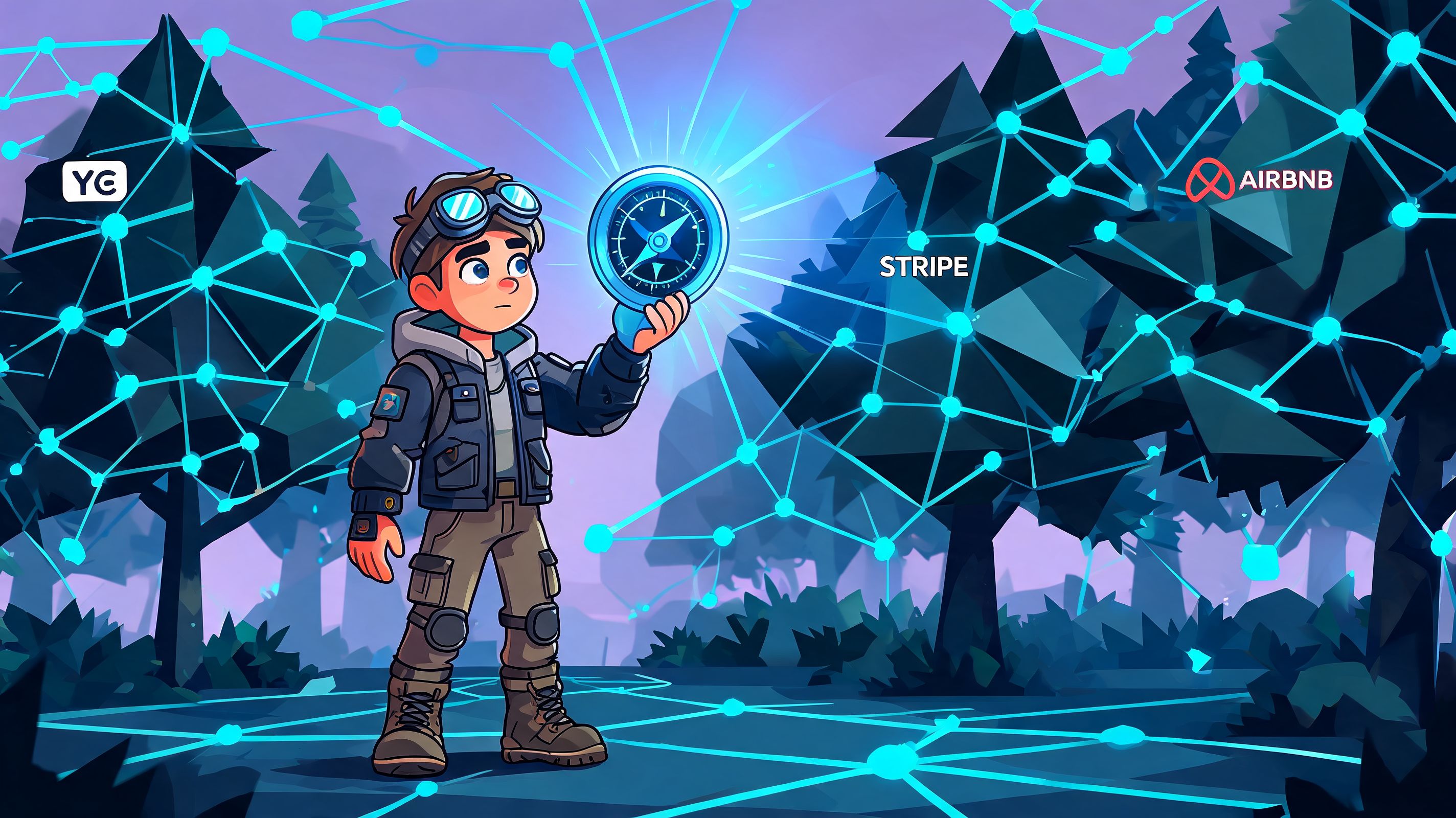 A stylized cartoon character holding a glowing compass while navigating through a digital connected forest network.