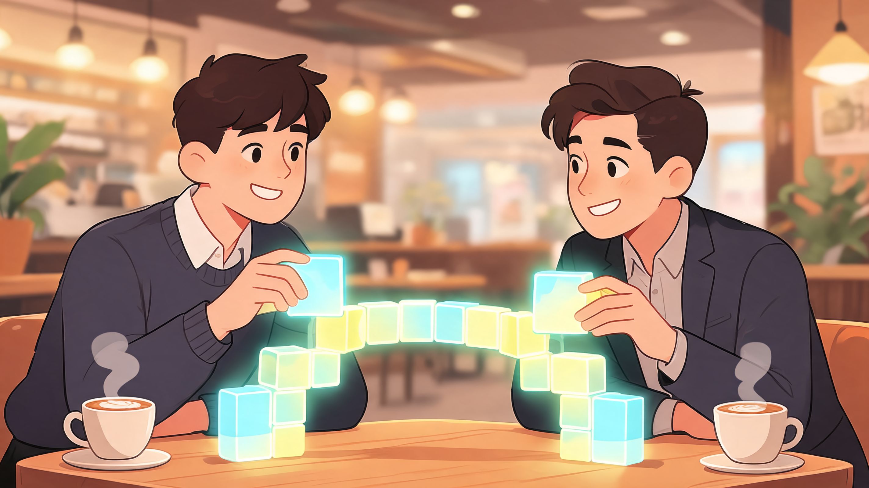 Two young men in suits sitting at a cafe table connecting glowing digital blocks together.