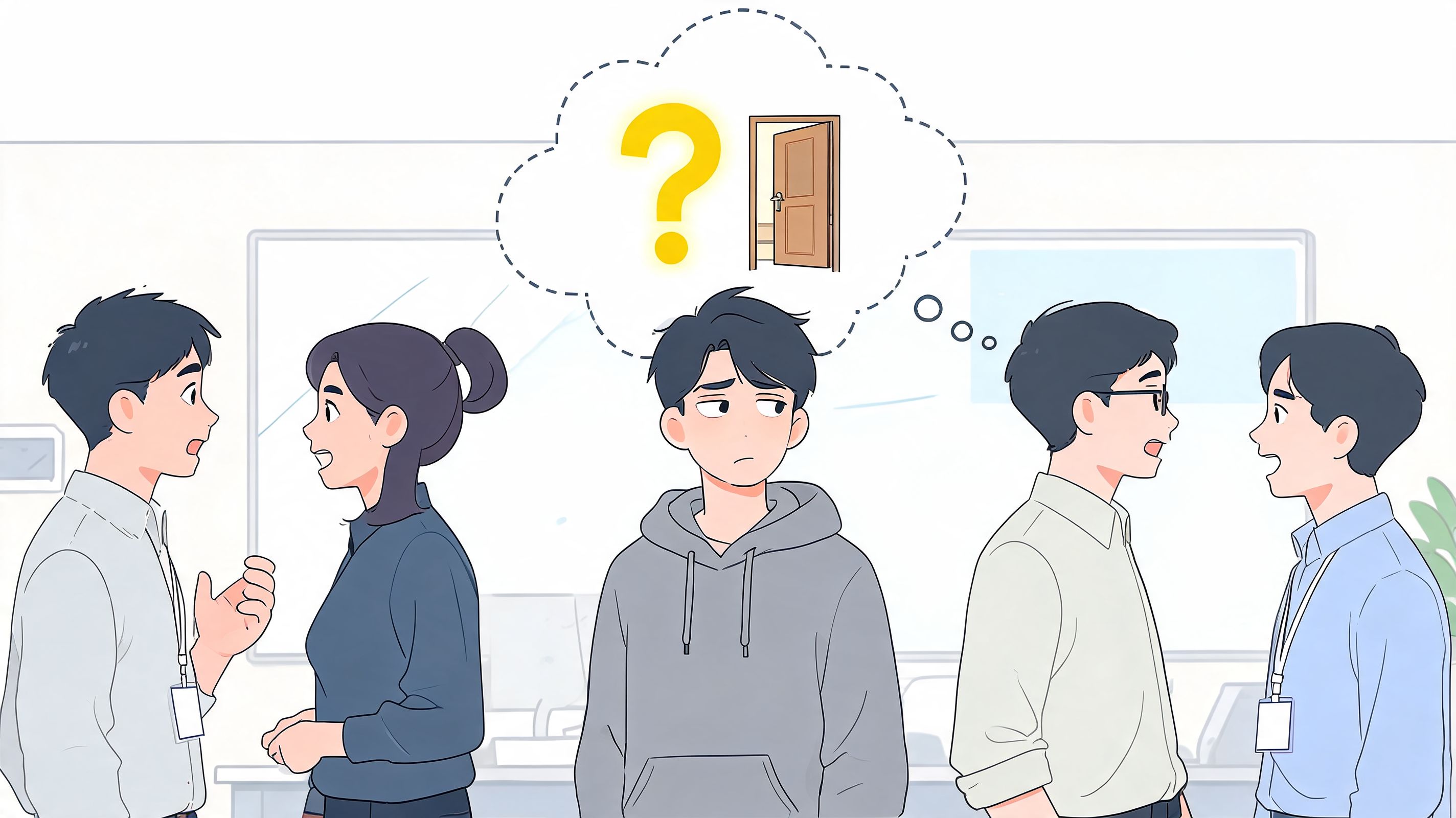 A man in a hoodie stands between colleagues while contemplating leaving his job, illustrated with a door icon.