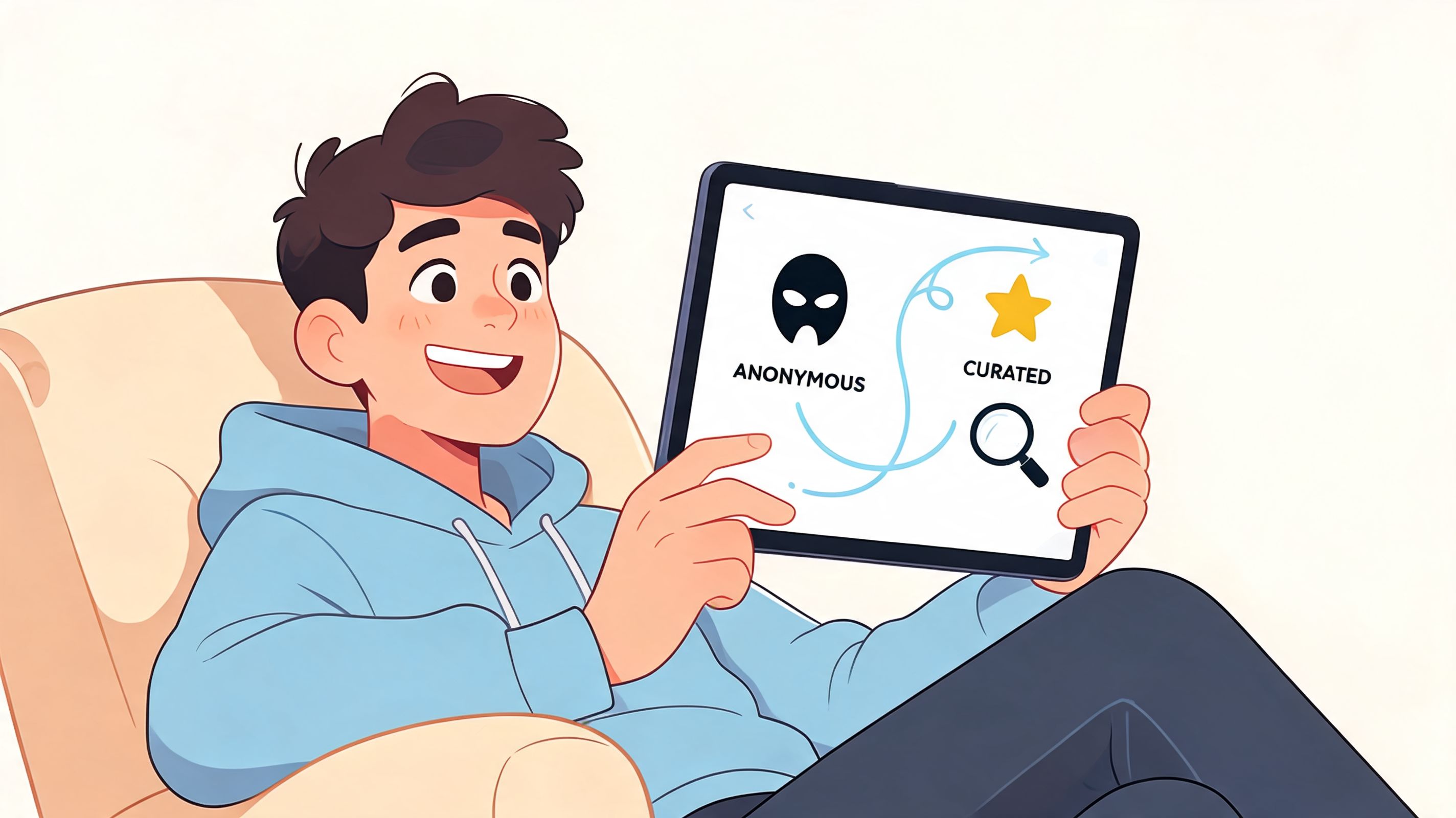 A happy young man in a blue hoodie looking at a tablet screen displaying career searching concepts.