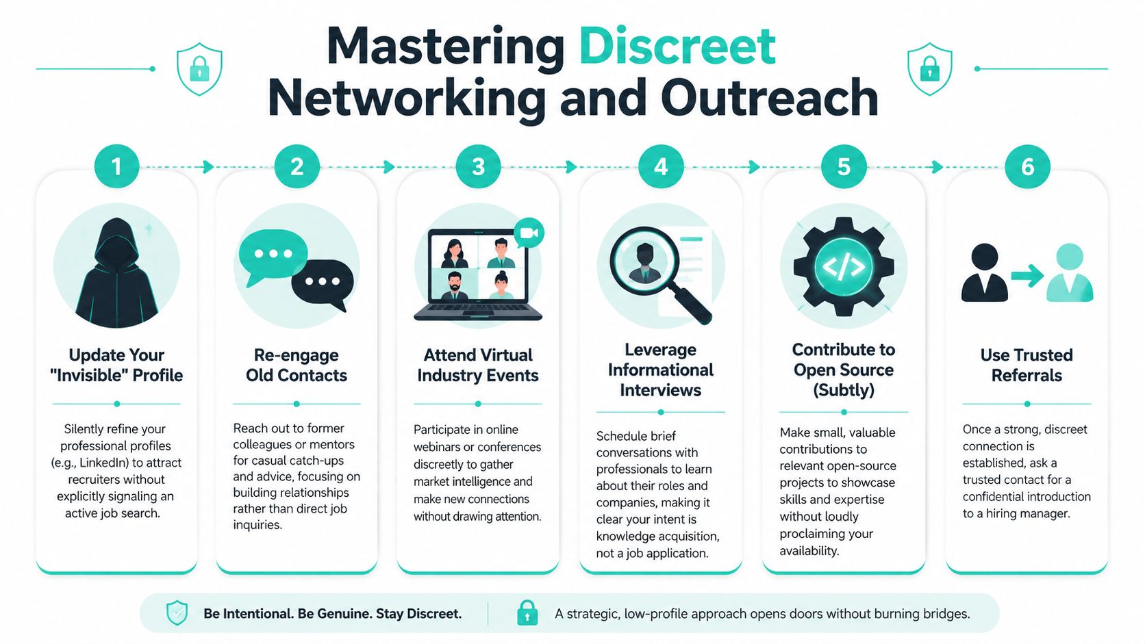 A six-step infographic on how to job search confidentially while maintaining a low profile in your career.