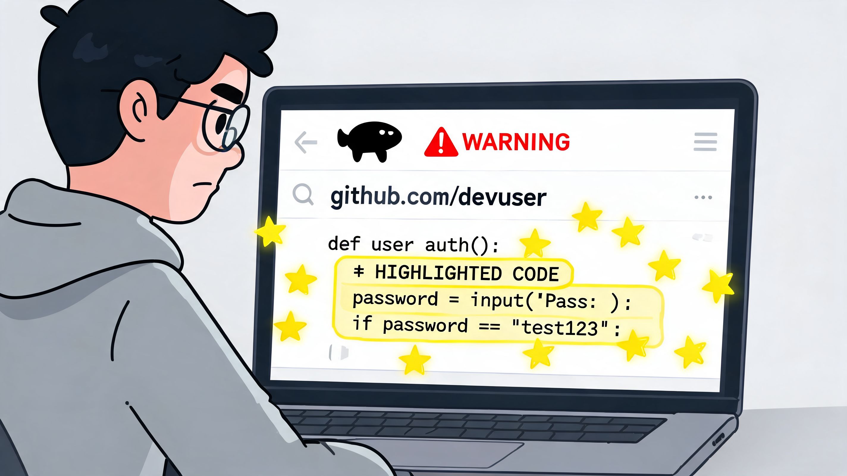 A worried software developer reviewing insecure source code containing a hardcoded password on their laptop screen.