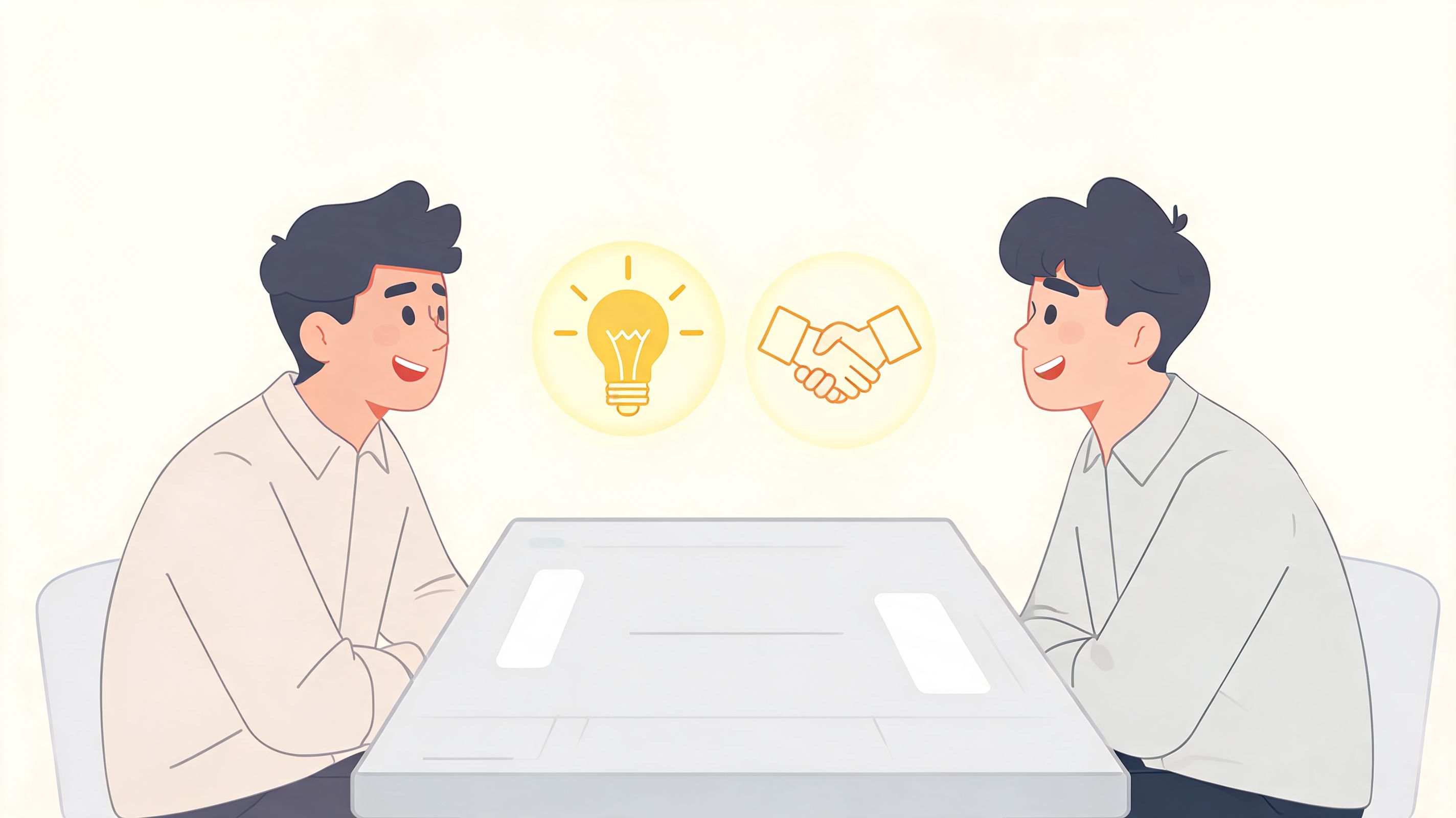 Two professional men sitting at a table with icons of a lightbulb and a handshake between them.