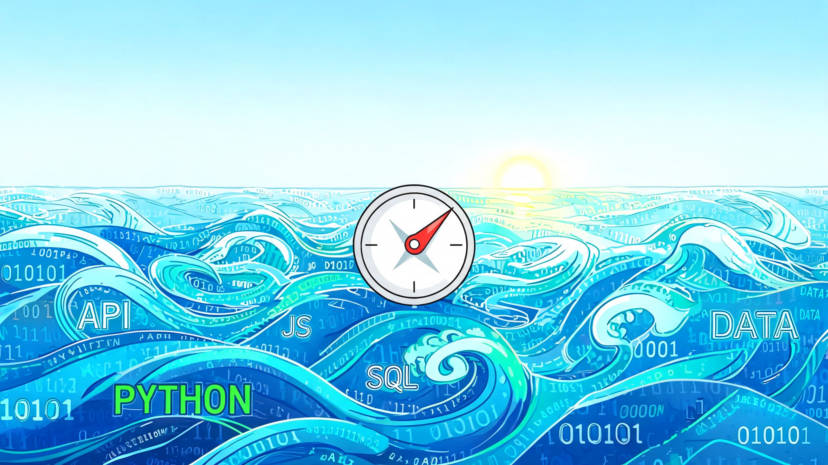A compass navigating through a sea of digital waves labeled with Python, SQL, JS, API, and Data.