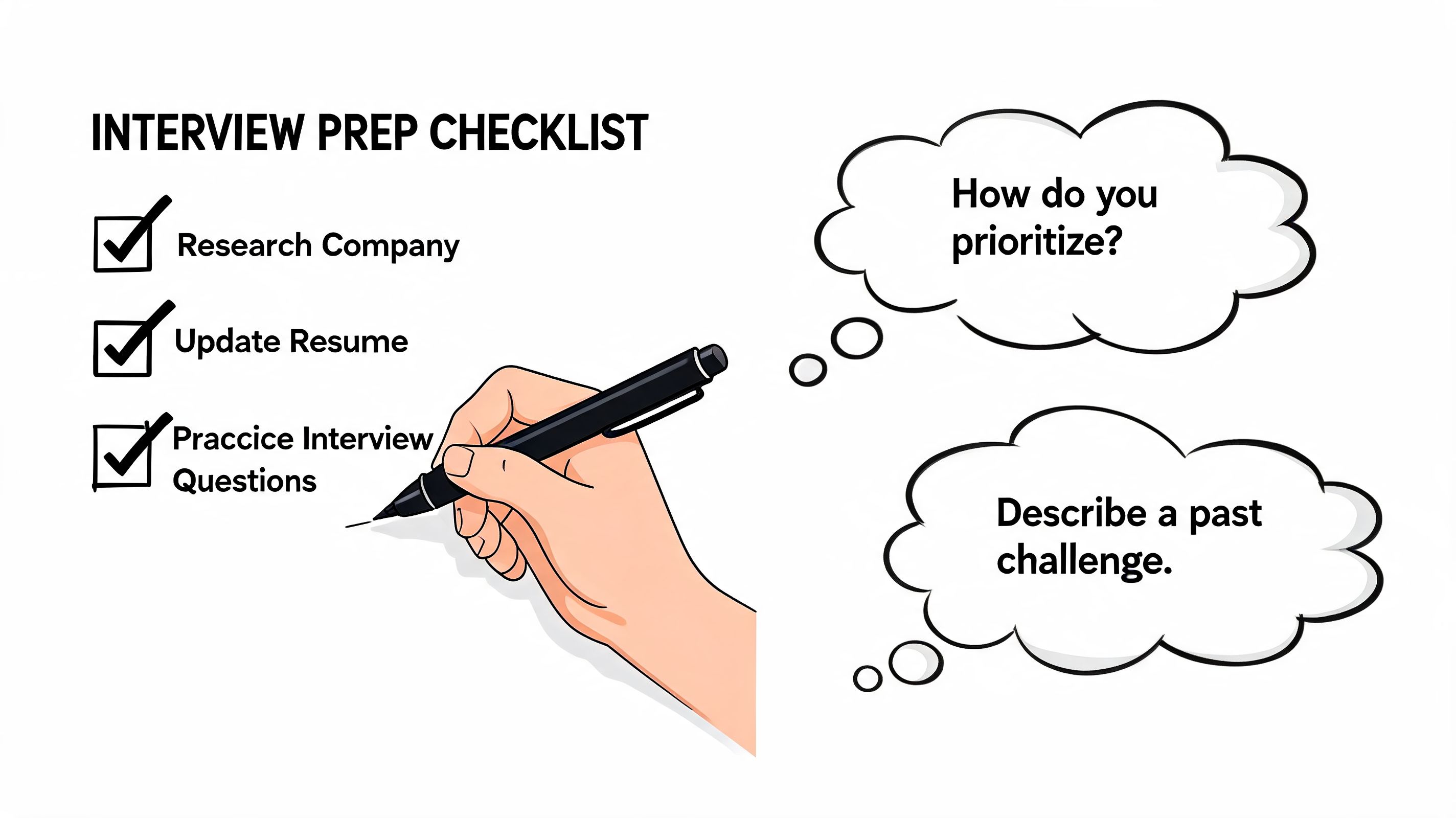 A checklist for interview preparation with a hand writing notes and example interview questions in bubbles.