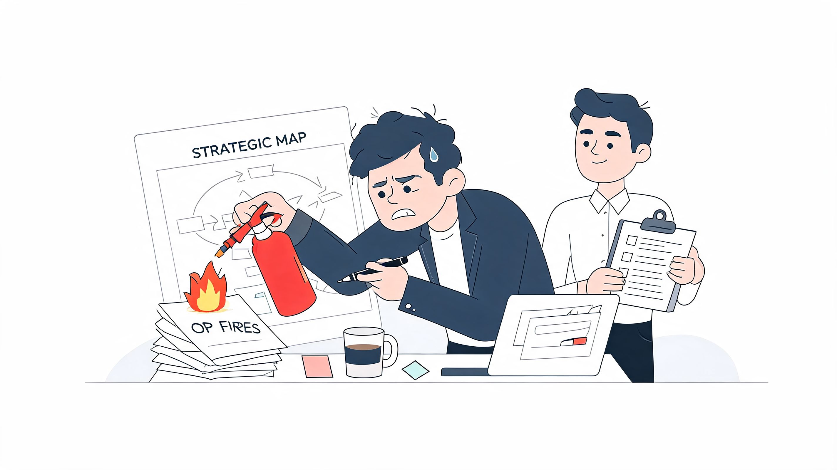 A stressed businessman using a fire extinguisher on paper files titled OP FIRES near a strategic map.