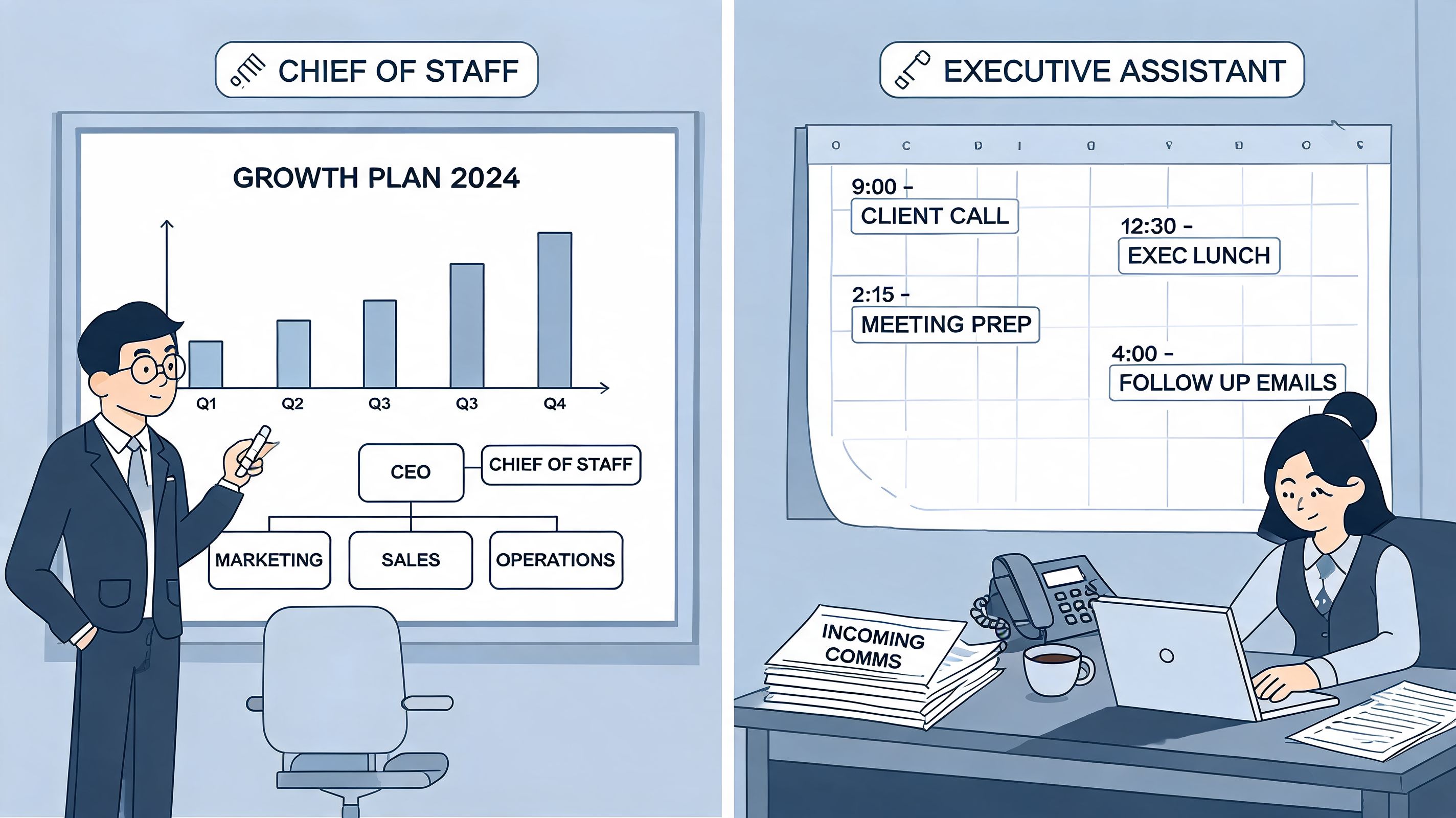 A split-screen illustration showing a Chief of Staff presenting growth plans and an Executive Assistant managing office tasks.