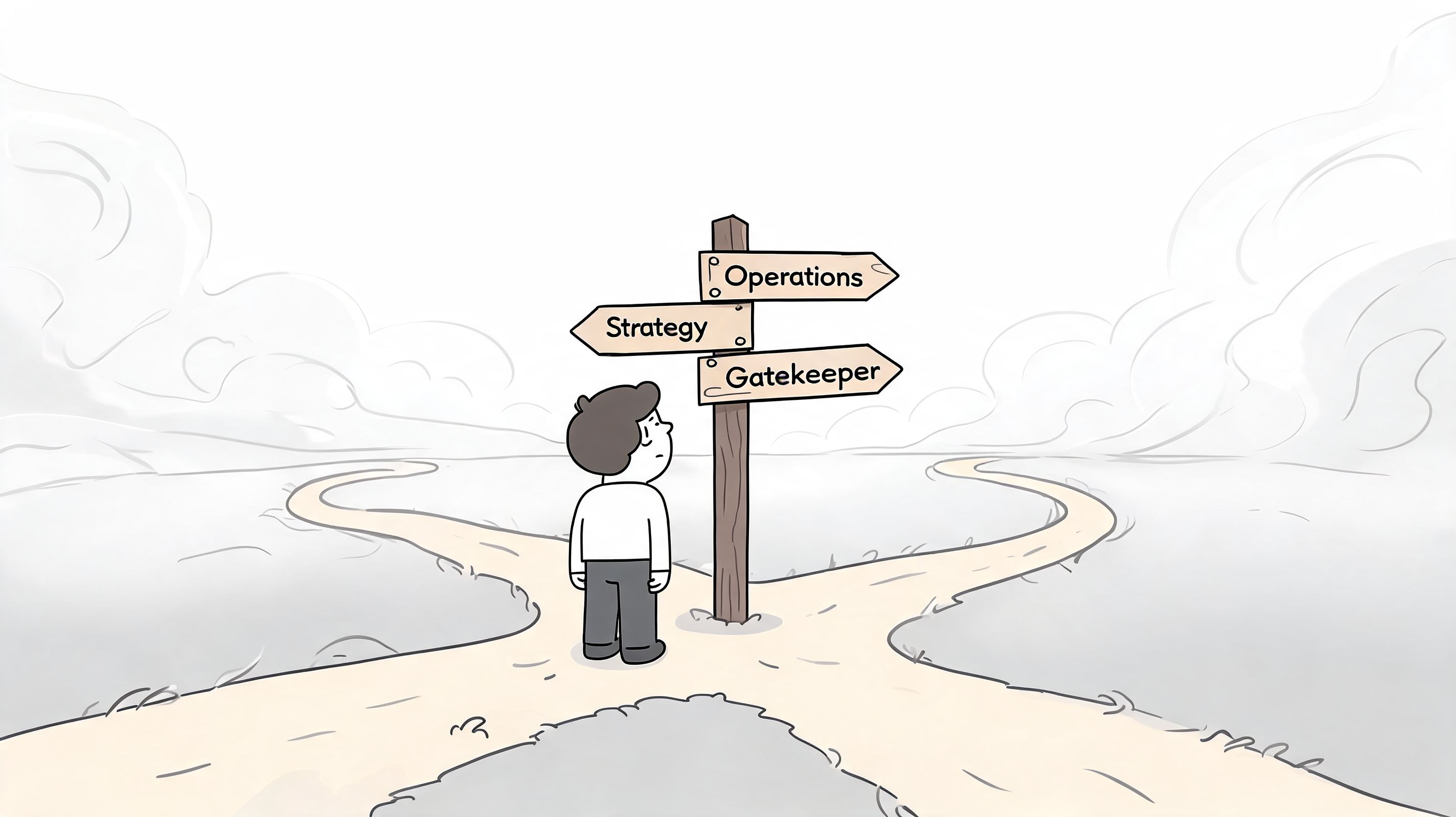 A person standing at a crossroads looking at a signpost with directions labeled Strategy, Operations, and Gatekeeper.