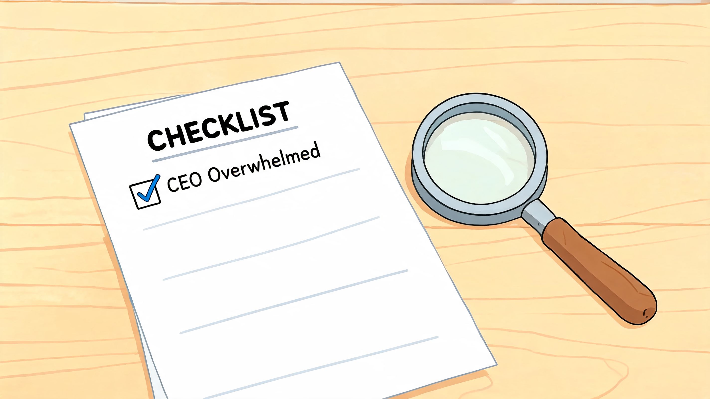 A magnifying glass resting on a checklist with the single checked item stating CEO Overwhelmed.