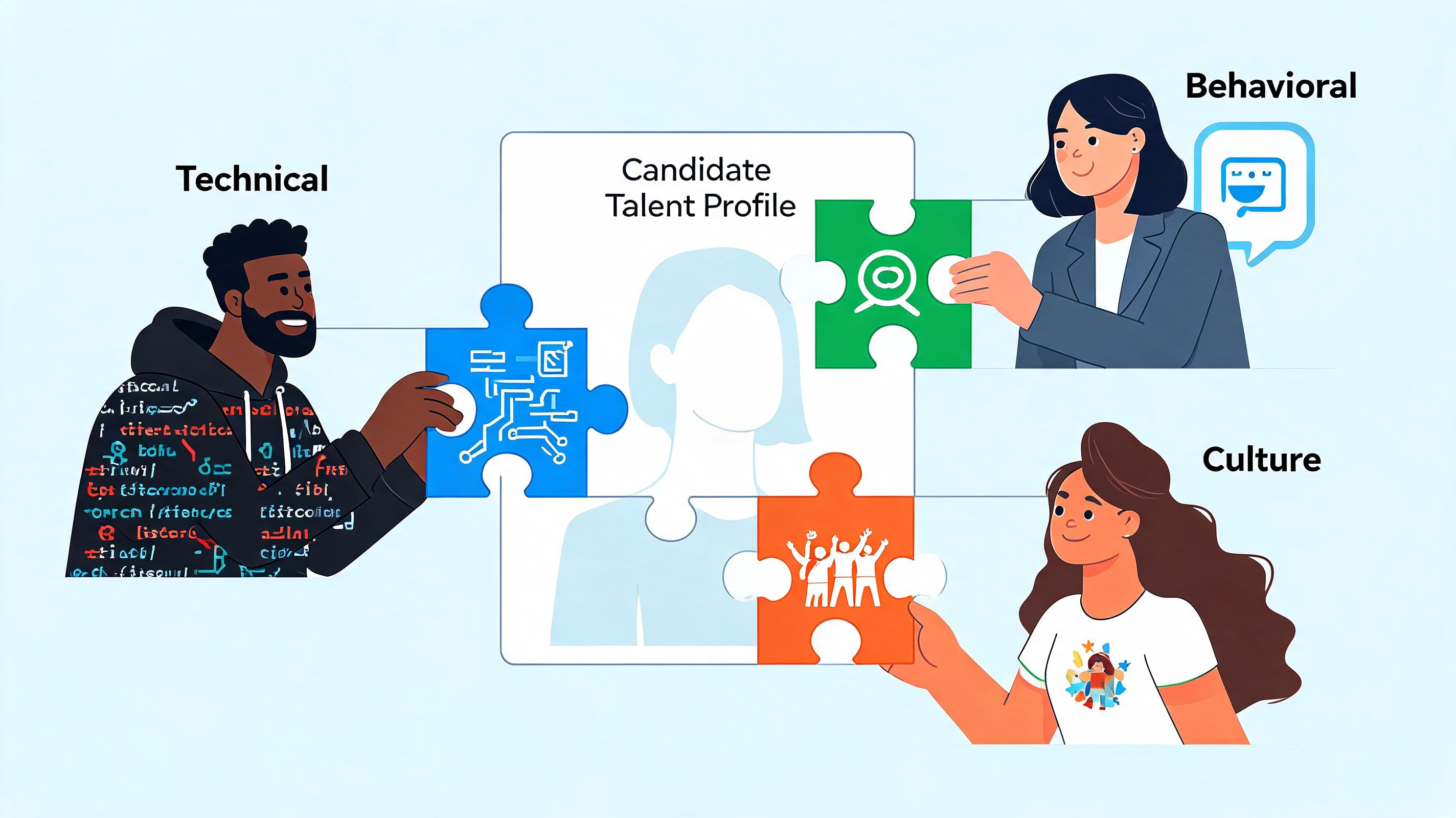 A team assembling a candidate talent profile puzzle representing technical, behavioral, and cultural hiring requirements.