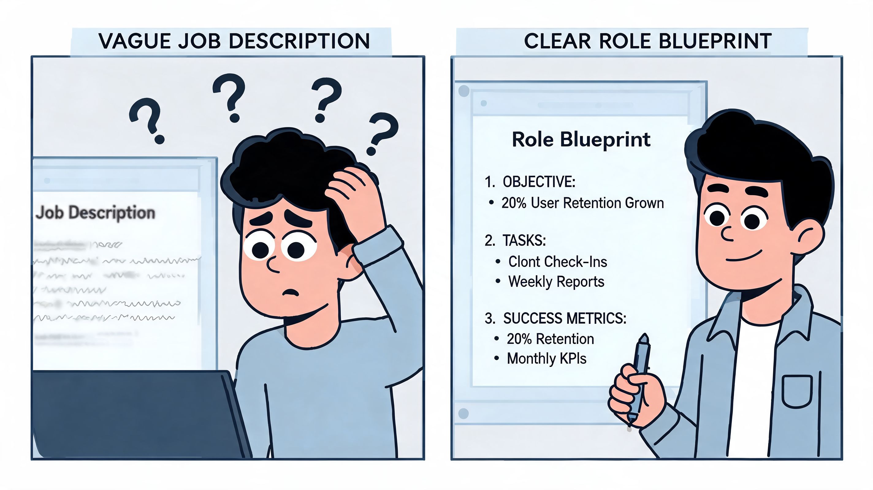A comparison showing a confused person reading a vague job description versus a confident person with a clear role blueprint.