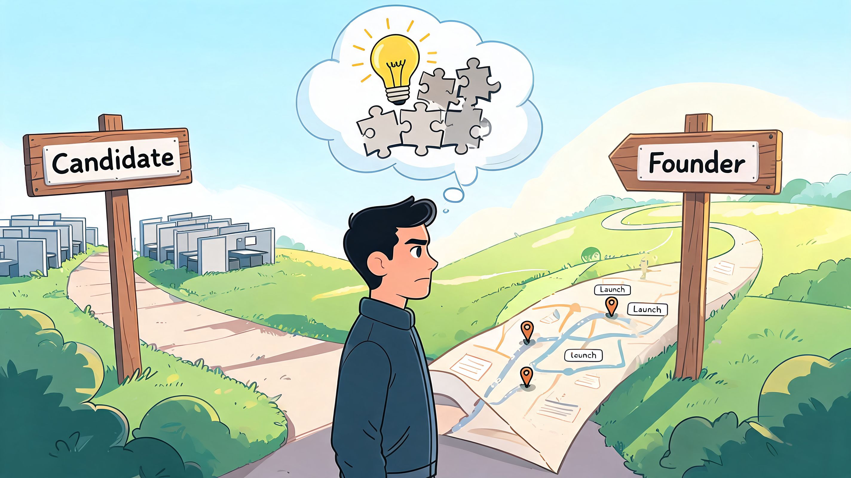 A young man standing at a fork in the road between a candidate and founder career path.