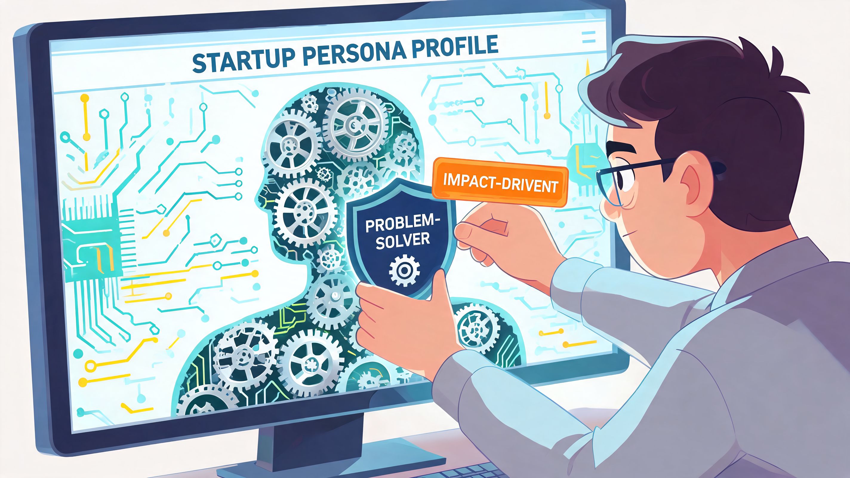 A digital illustration showing a professional building a startup persona profile on a computer screen.