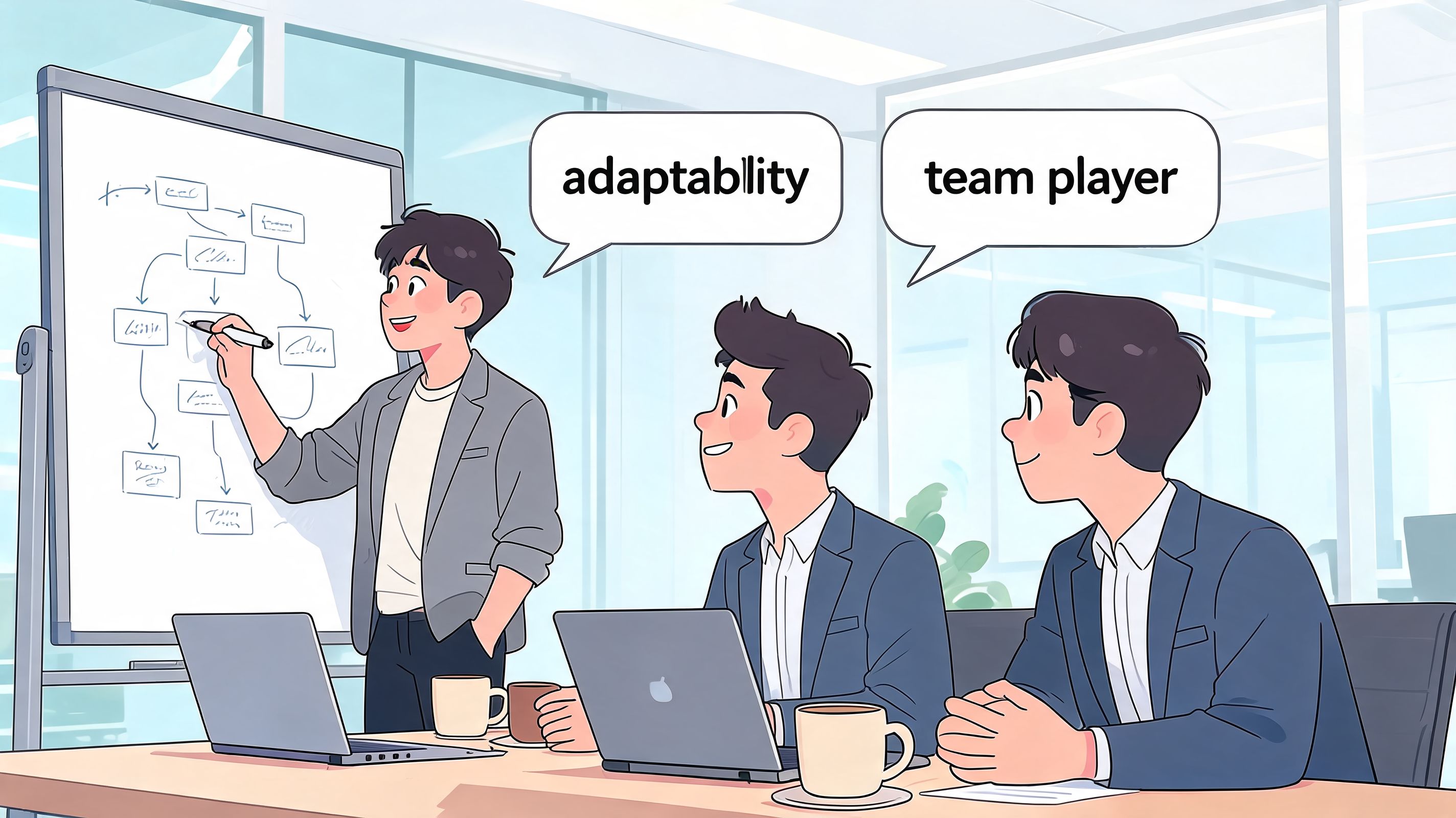 A professional team discussing soft skills like adaptability and being a team player in a startup office.