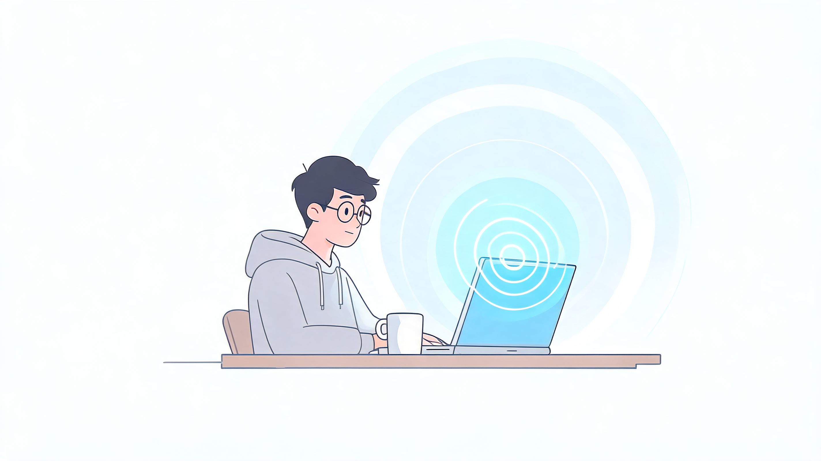 A minimalist illustration of a young man with glasses working on a laptop at a desk.