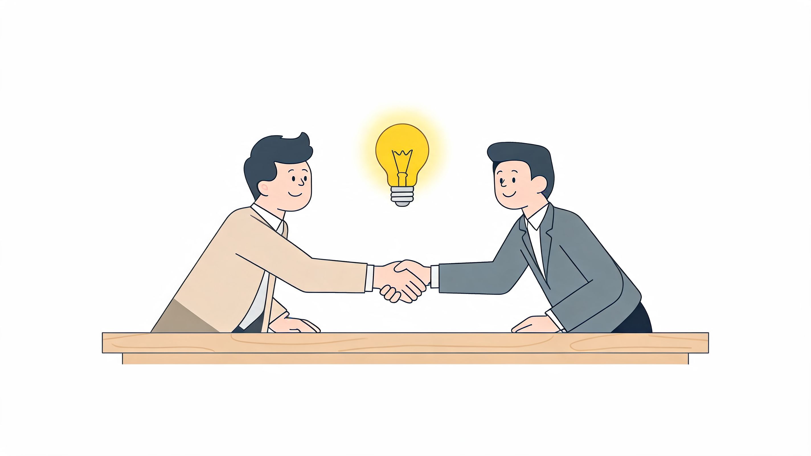 Two professional men shaking hands over a table with a glowing lightbulb representing a business idea.