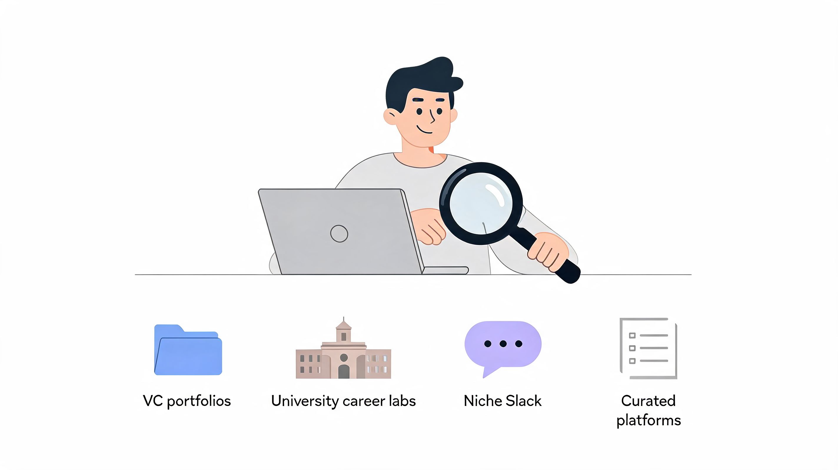 A person using a magnifying glass to search for professional job opportunities and networking resources online.