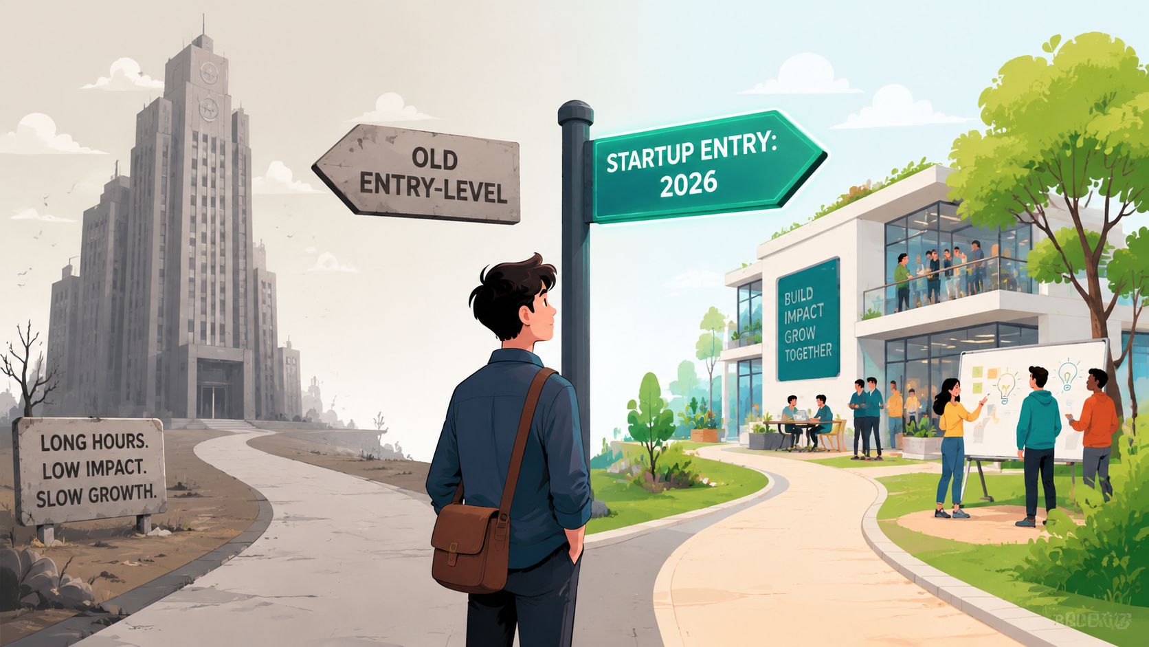 A young person standing at a crossroads choosing between an old corporate office and a vibrant startup.