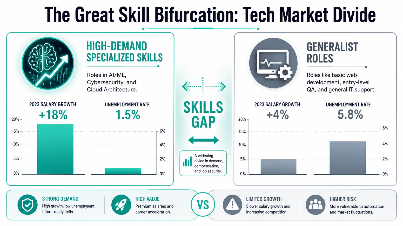 A visual comparison infographic showing the divide between high-demand specialized tech roles and generalist IT jobs.