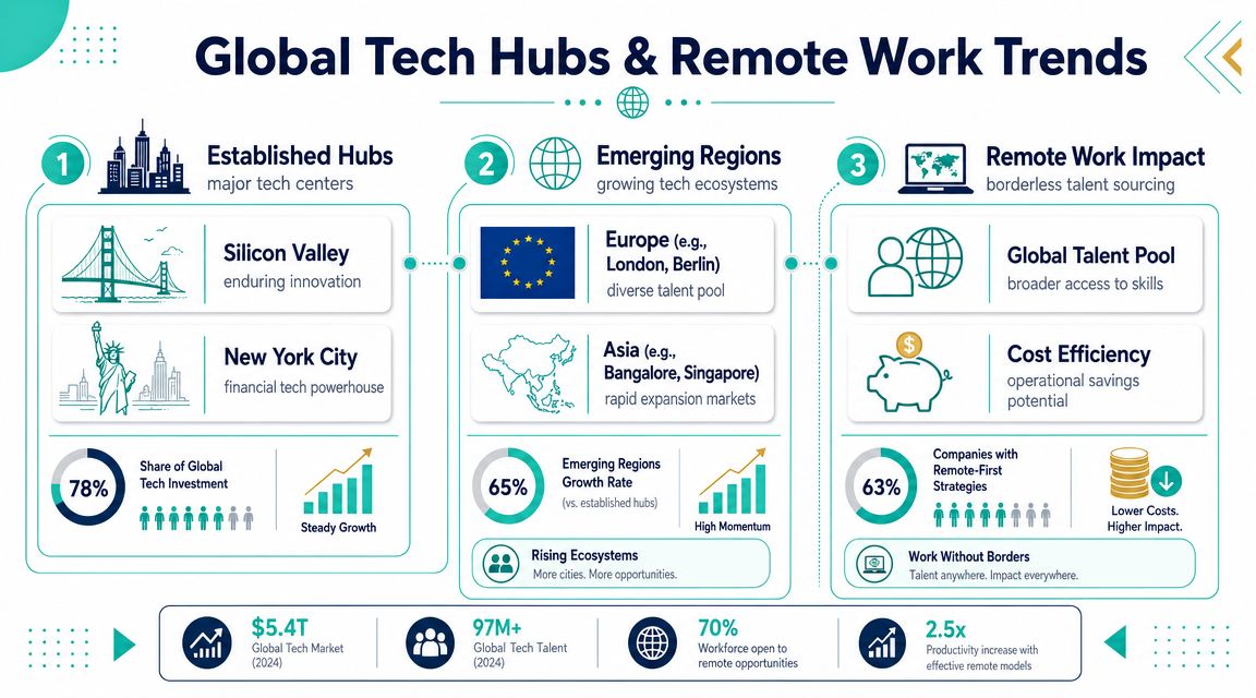 An infographic showing the evolution of global tech hubs, emerging regions, and the impact of remote work.