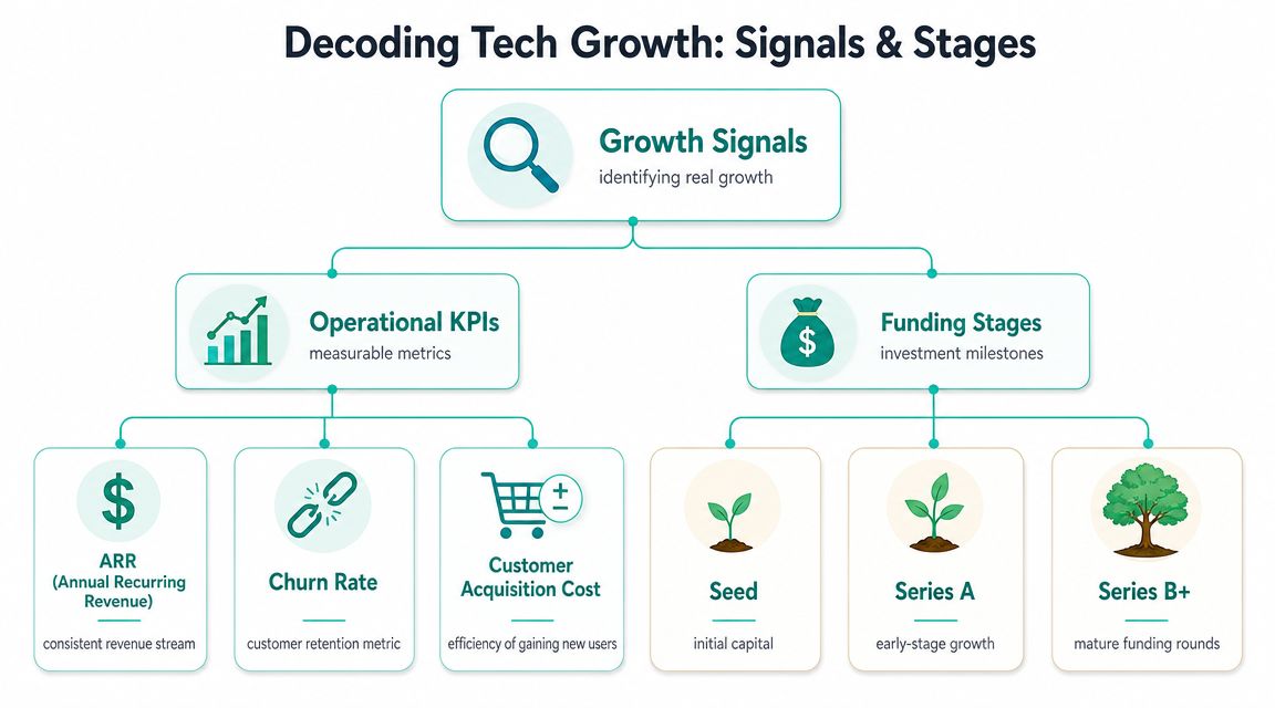A flowchart titled Decoding Tech Growth showing Operational KPIs and Funding Stages for tech companies.