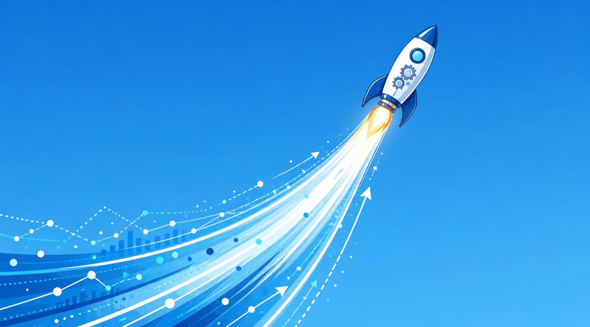 A cartoon rocket launching into the sky with digital data charts and growth lines trailing behind it.